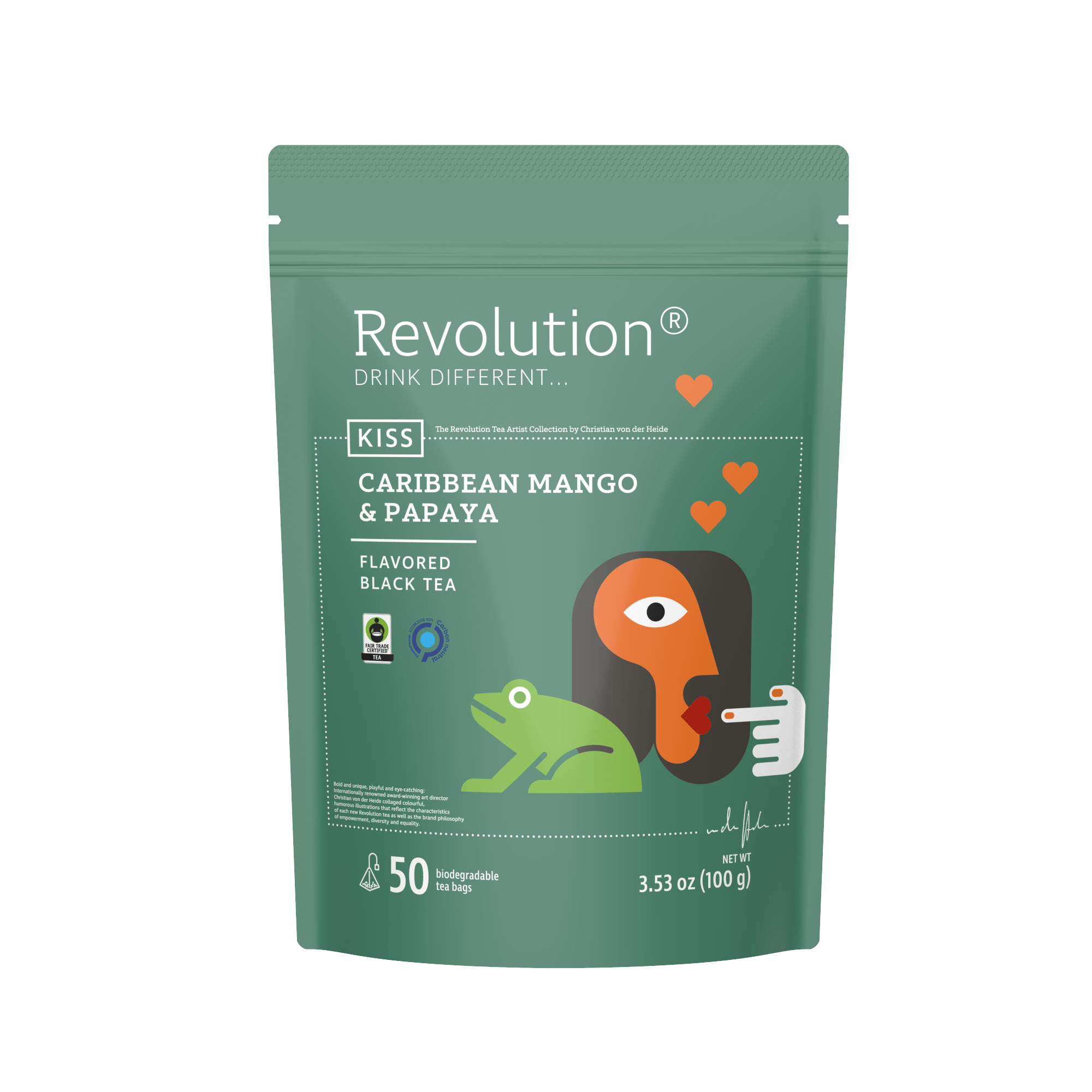 Package of Caribbean Mango & Papaya flavored black tea with a green frog.