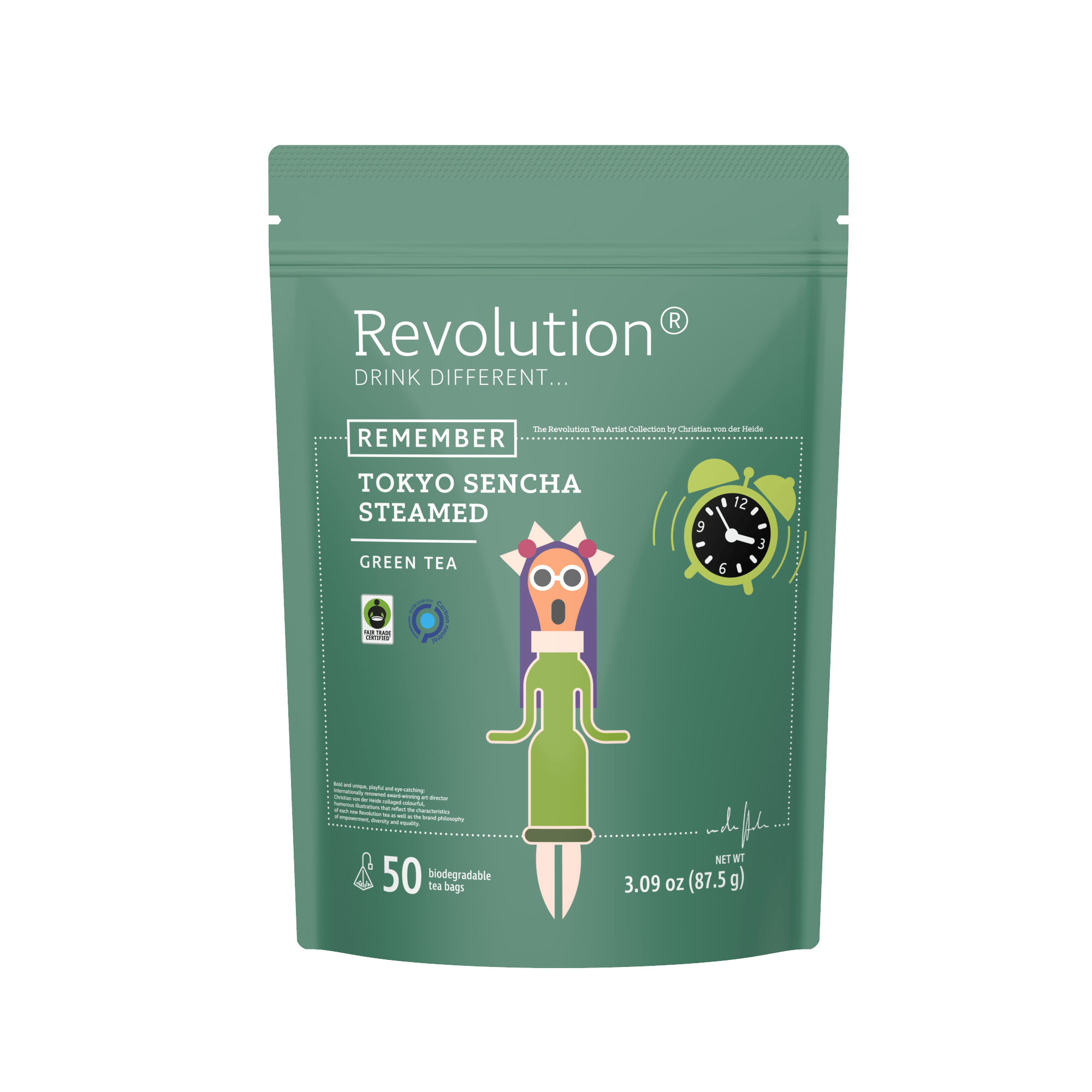 Package of Tokyo Sencha Steamed green tea with a surprised character and a clock.