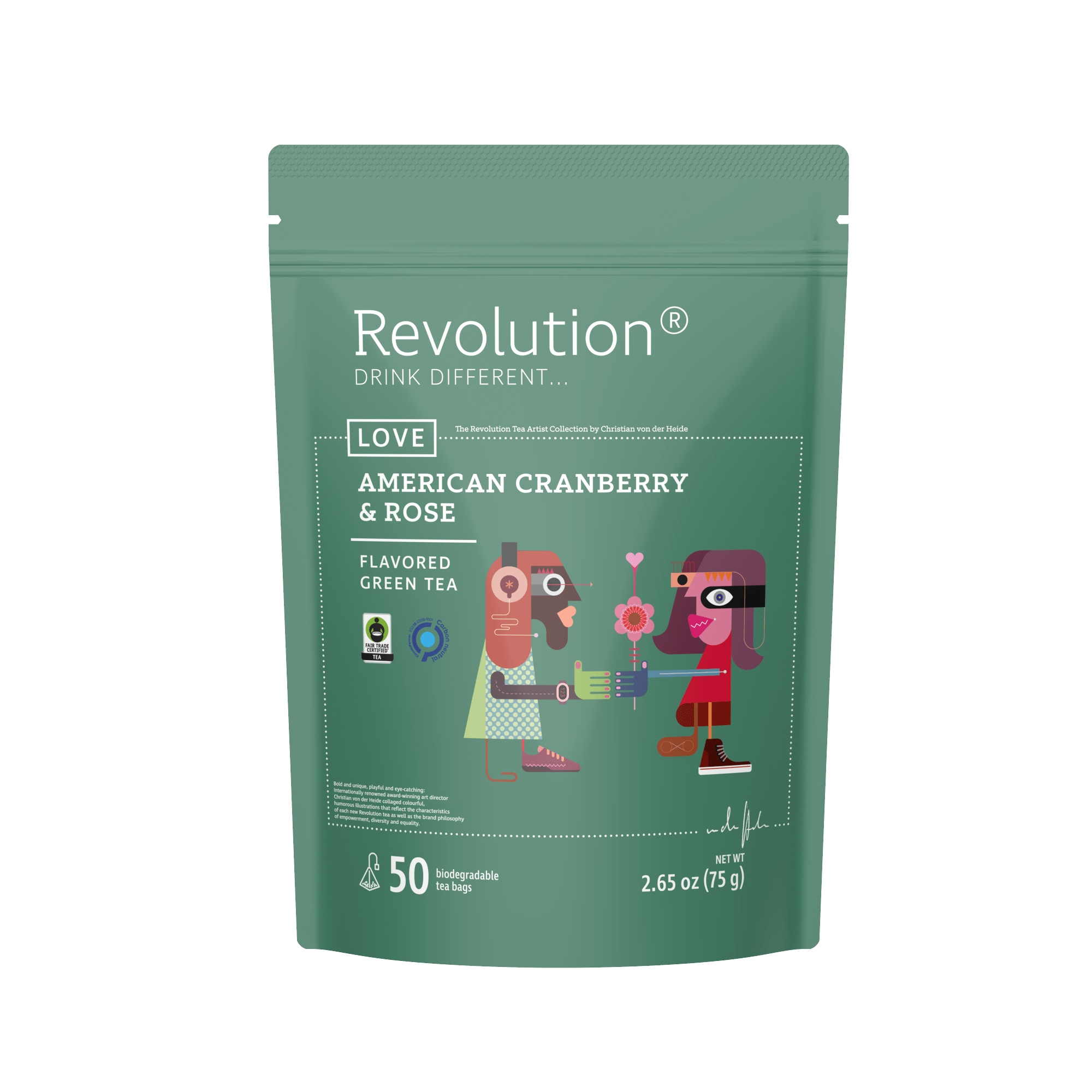 Package of American Cranberry & Rose green tea with a couple exchanging a flower.