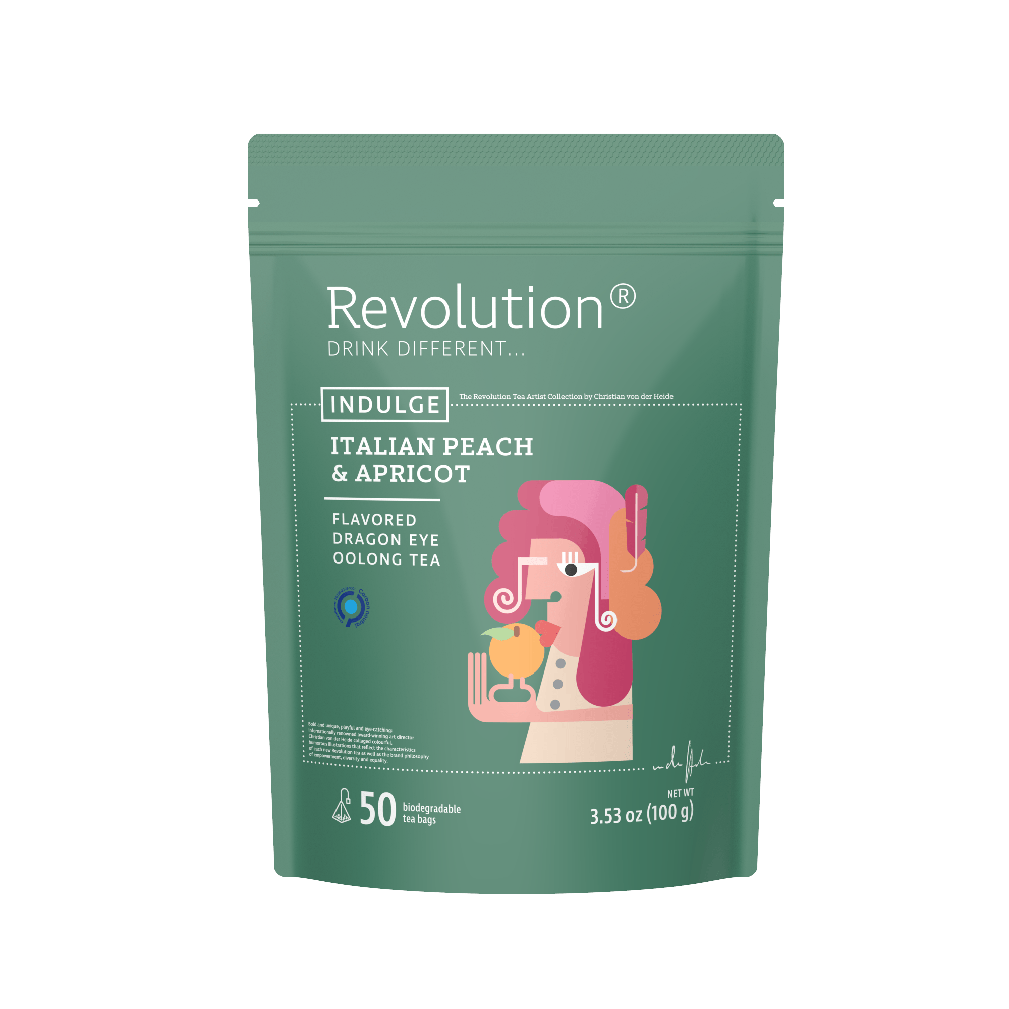 Package of Italian Peach & Apricot flavored oolong tea, with a pink-haired character.