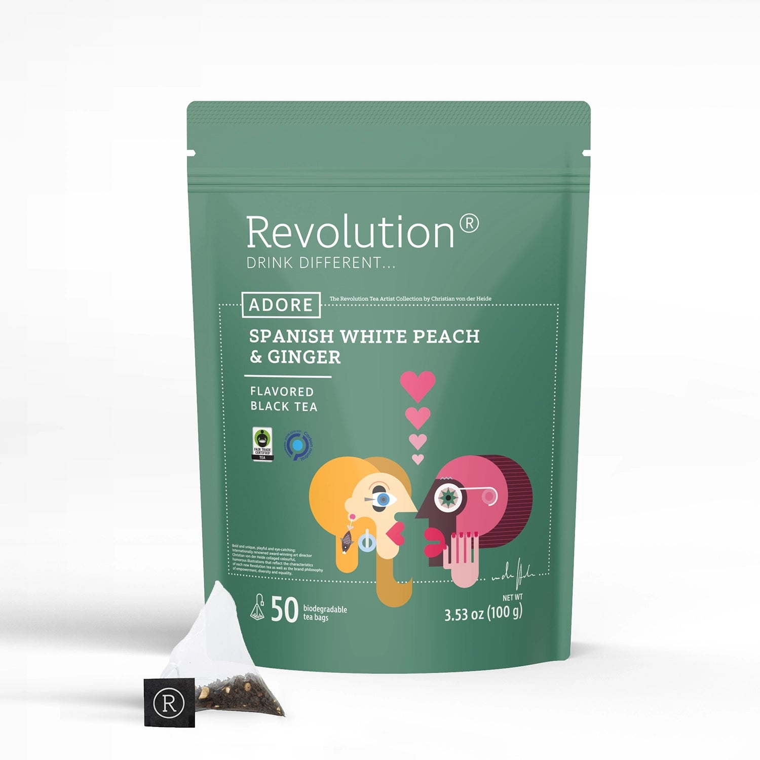 Bag of Spanish White Peach & Ginger tea with a pyramid tea bag.