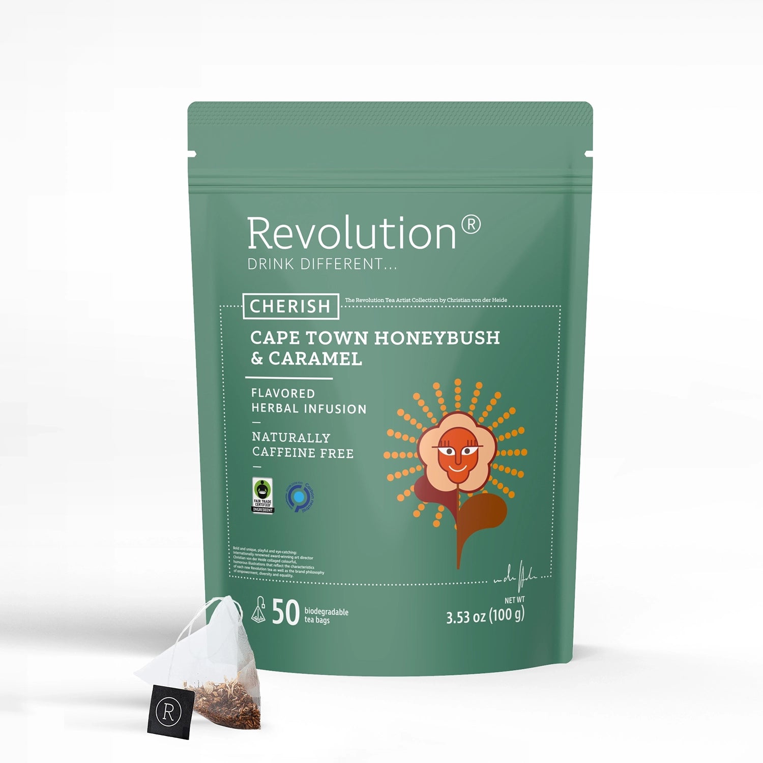 Green pouch labeled Cherish with sun face design, cape town honeybush and caramel infusion.