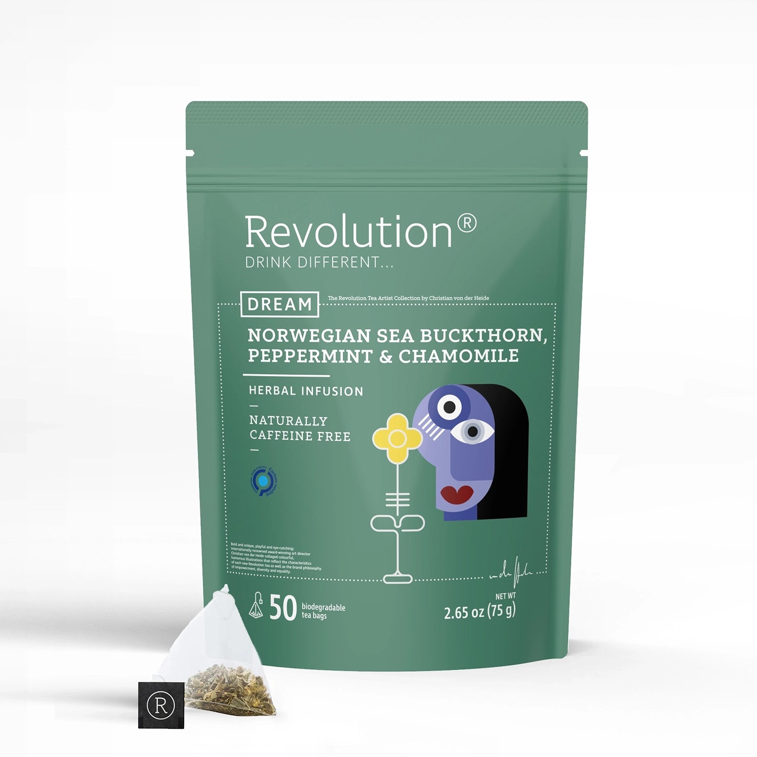 Green pouch labeled Dream with flower and face design, sea buckthorn, peppermint infusion.