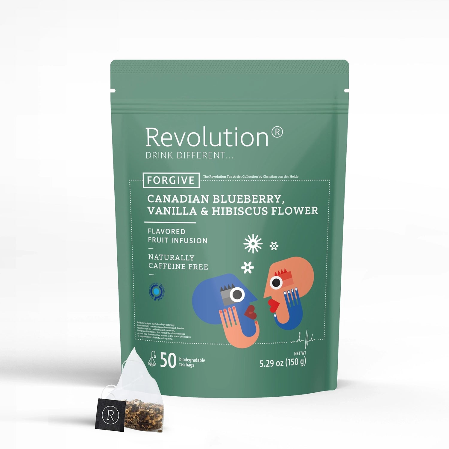 Green pouch labeled Forgive with snowflake and leaf design, blueberry, vanilla infusion.