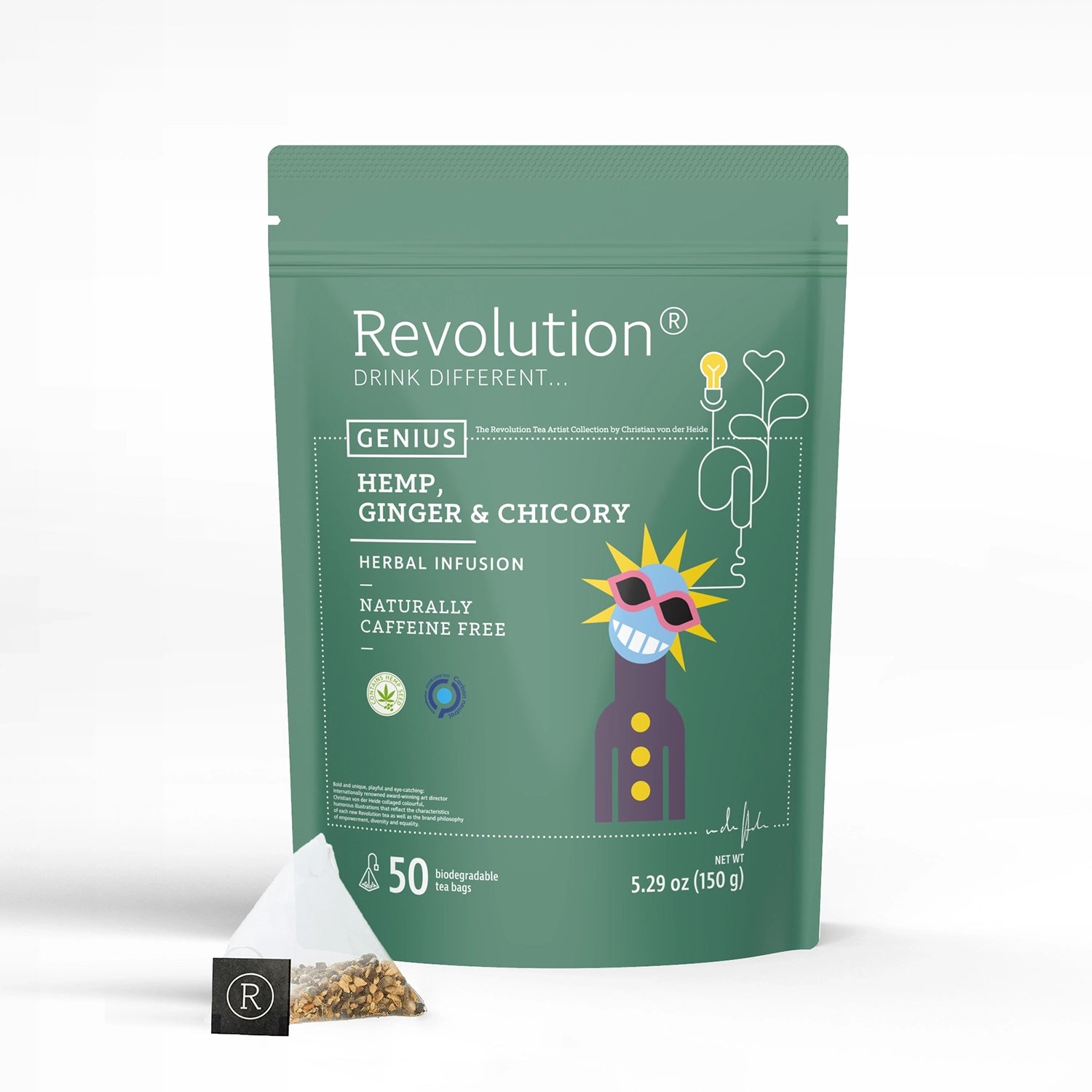 Green pouch labeled Genius with smiling sun design, hemp, ginger, and chicory infusion.