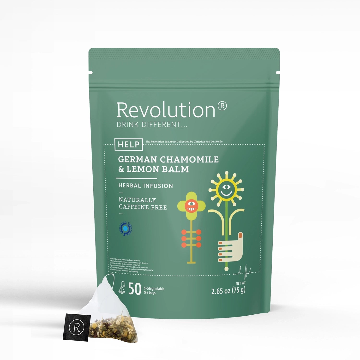 Green pouch labeled Help with sunflower and smiley face design, chamomile, lemon balm infusion.