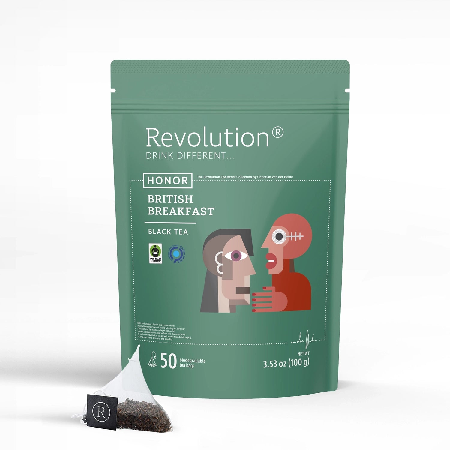 Green pouch labeled Honor with two figures design, British breakfast black tea.