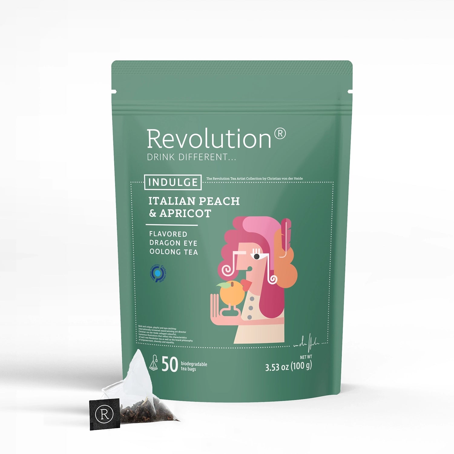 Green pouch labeled Indulge with woman sipping tea design, peach and apricot infusion.