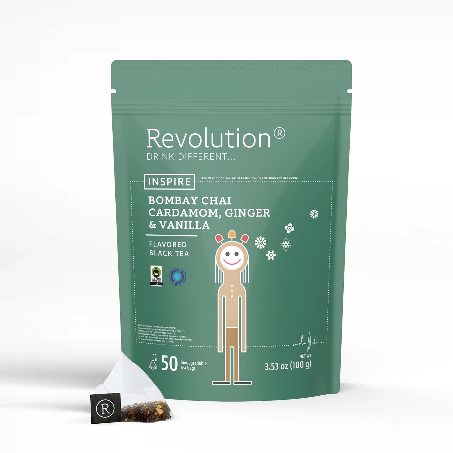 Green pouch labeled Inspire with smiling figure design, chai, cardamom, ginger, vanilla infusion.