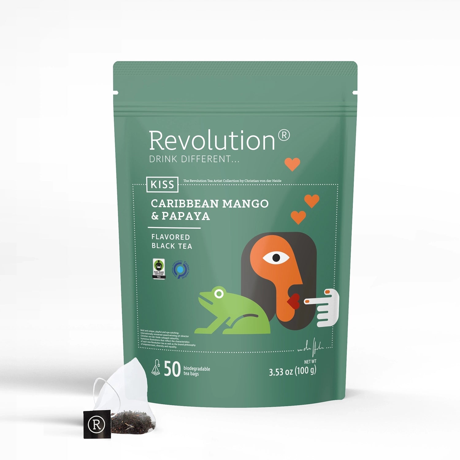 Green tea package with illustration of a person and frog. Text: Caribbean Mango & Papaya.