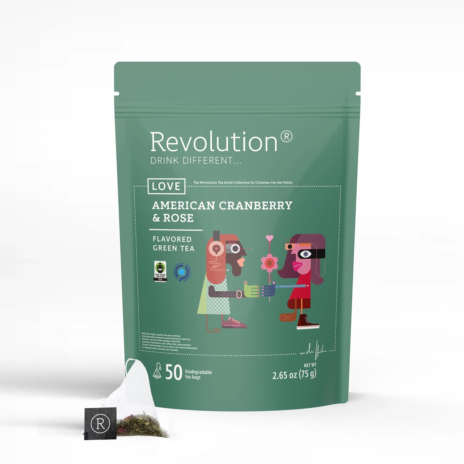 Green tea package with illustration of a couple. Text: American Cranberry & Rose.