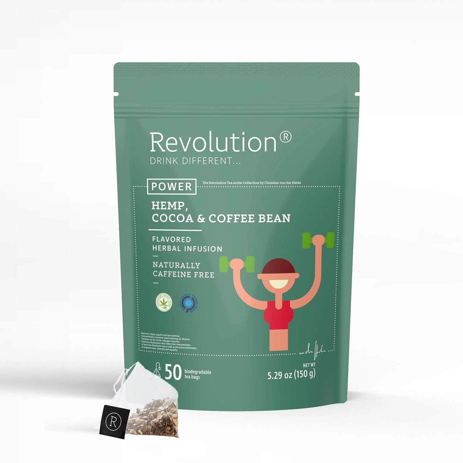 Green tea package with illustration of a person lifting weights. Text: Hemp, Cocoa & Coffee Bean.