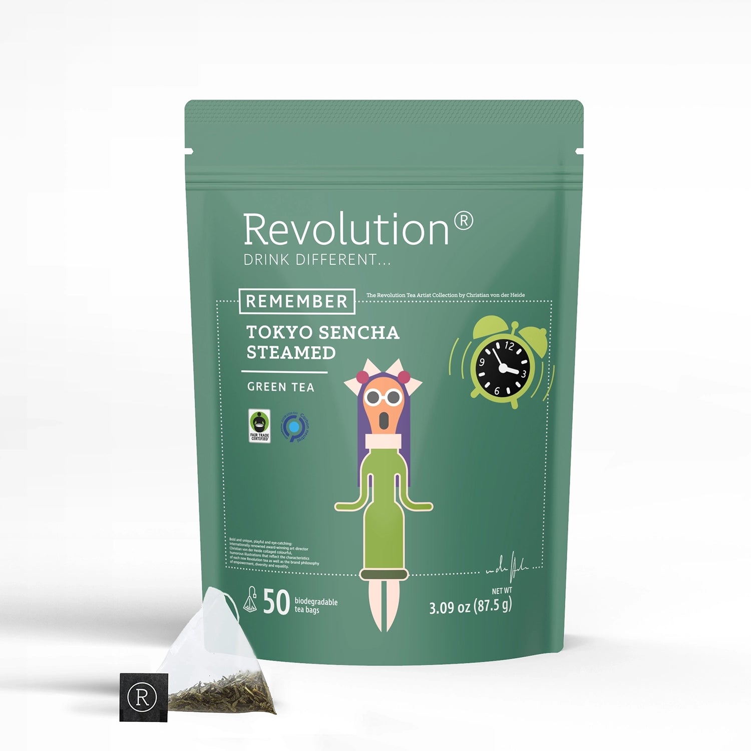 Green tea package with illustration holding a steaming cup. Text: Tokyo Sencha Steamed.