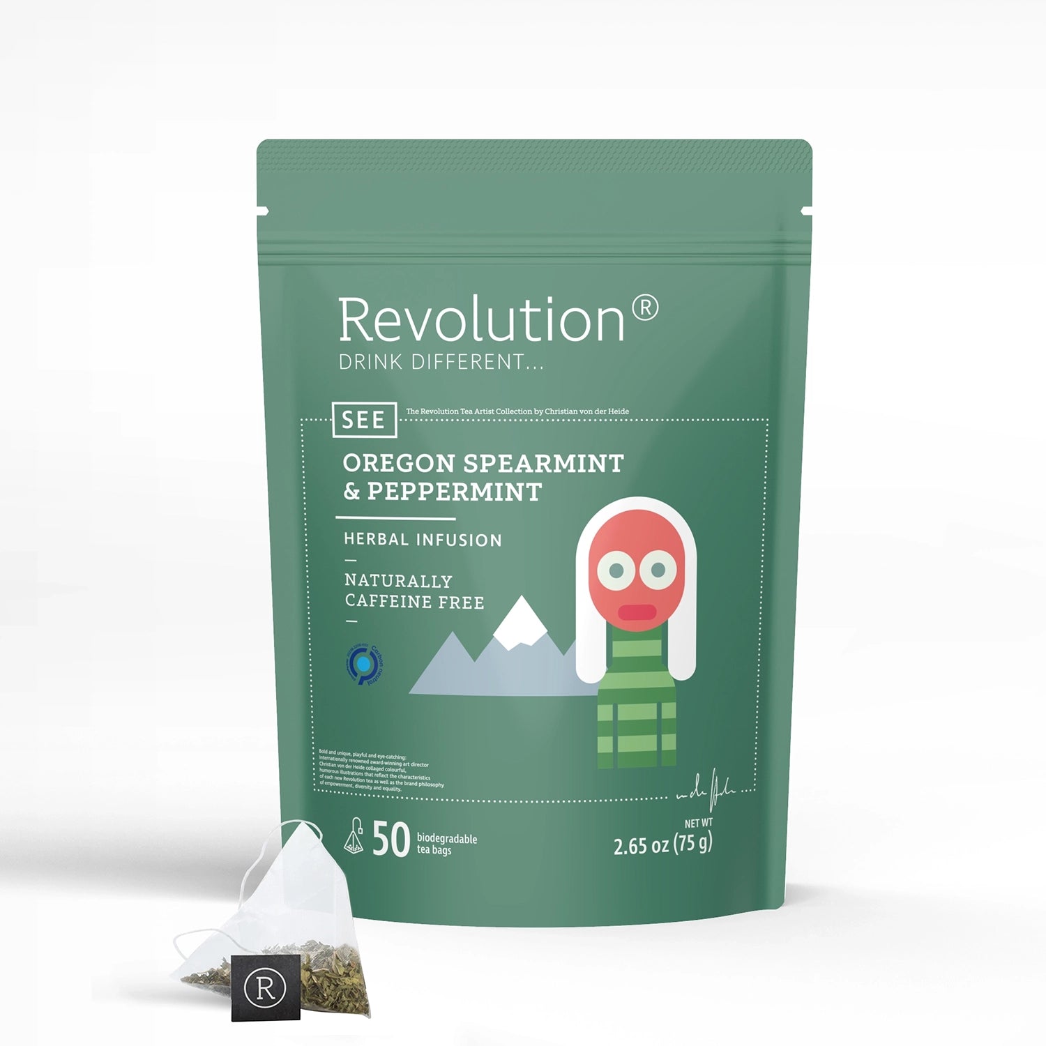 Green tea package with mountain scenery illustration. Text: Oregon Spearmint & Peppermint.