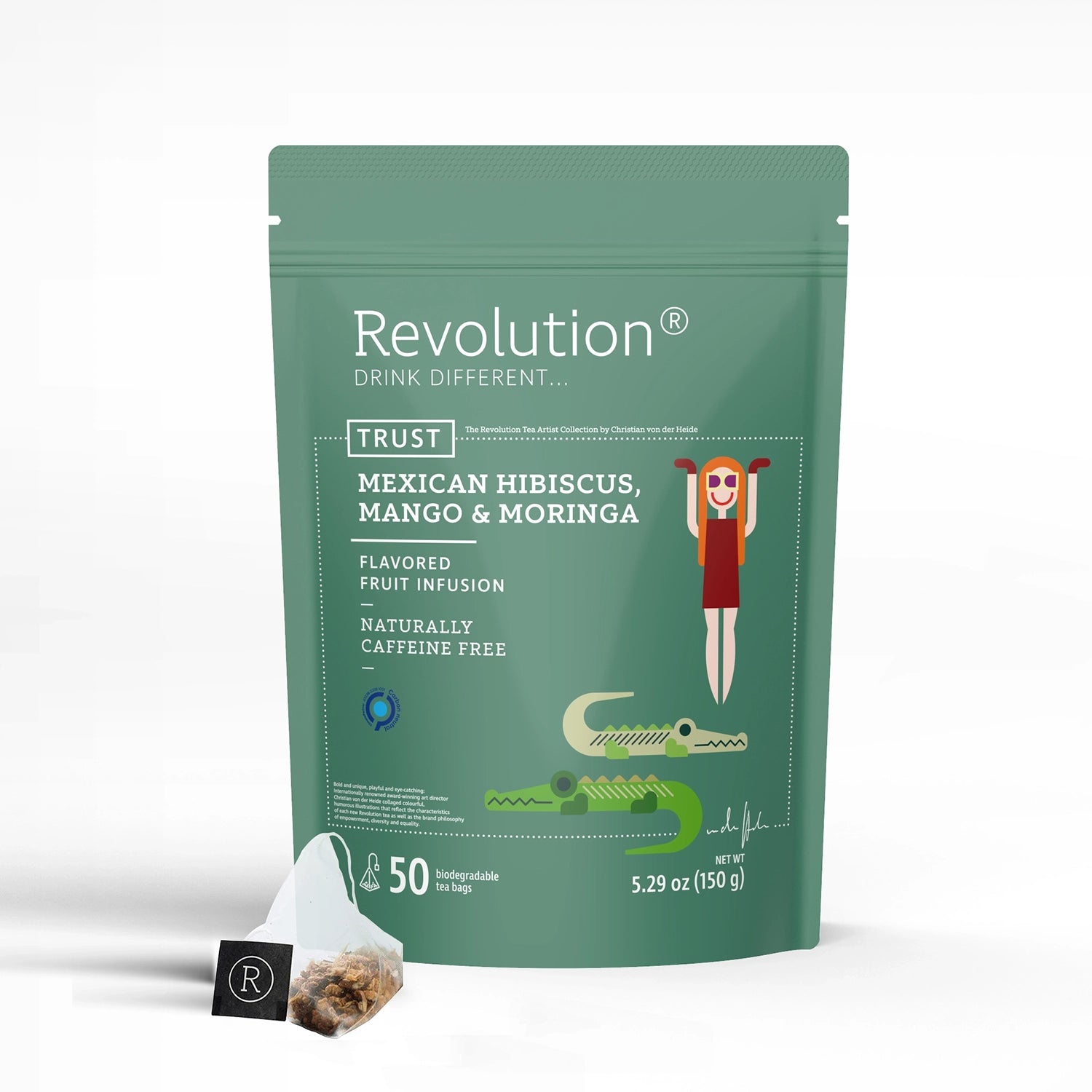 Green tea package with person swimming illustration. Text: Mexican Hibiscus, Mango & Moringa.