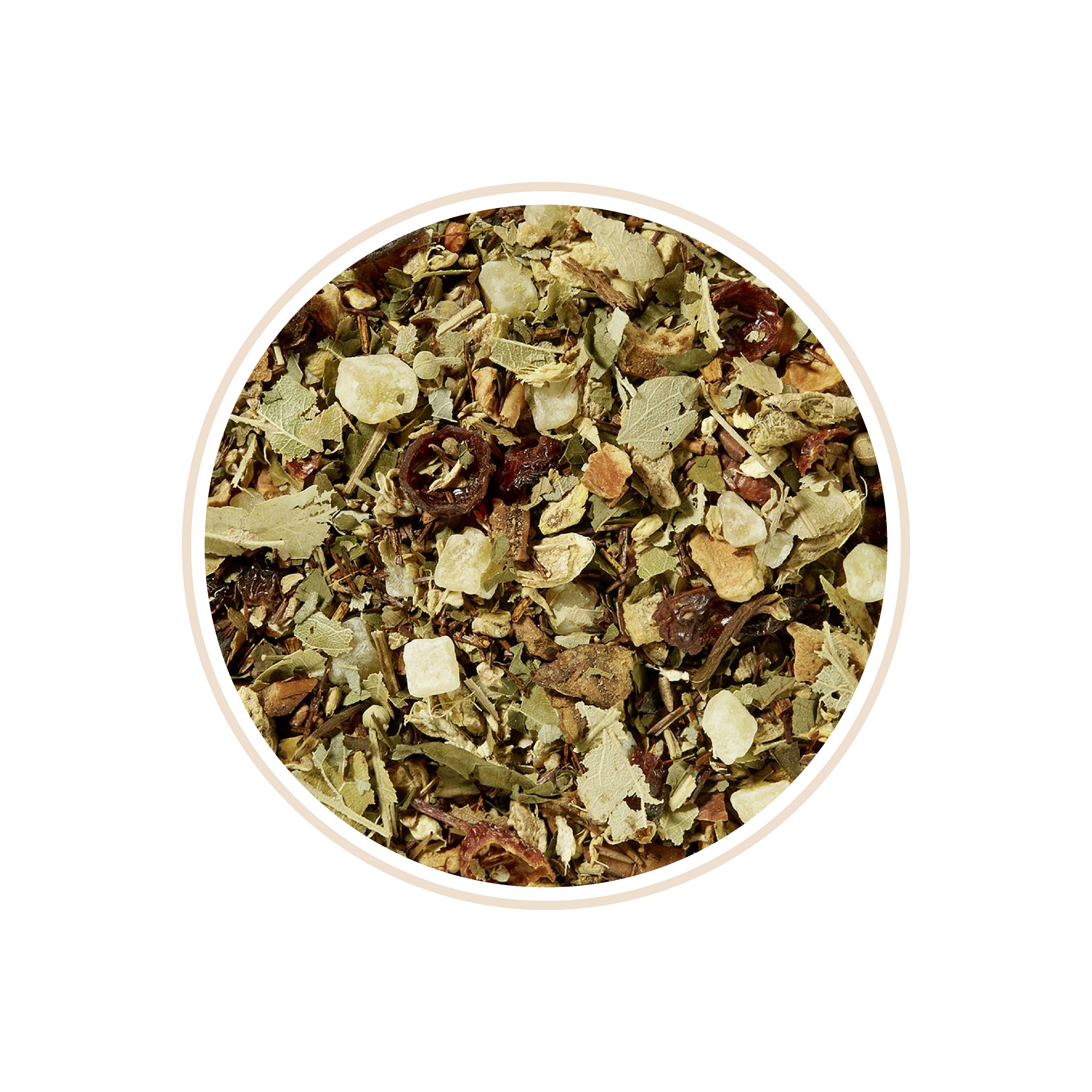 Herbal mix with green leaves, white cubes, and red pieces.