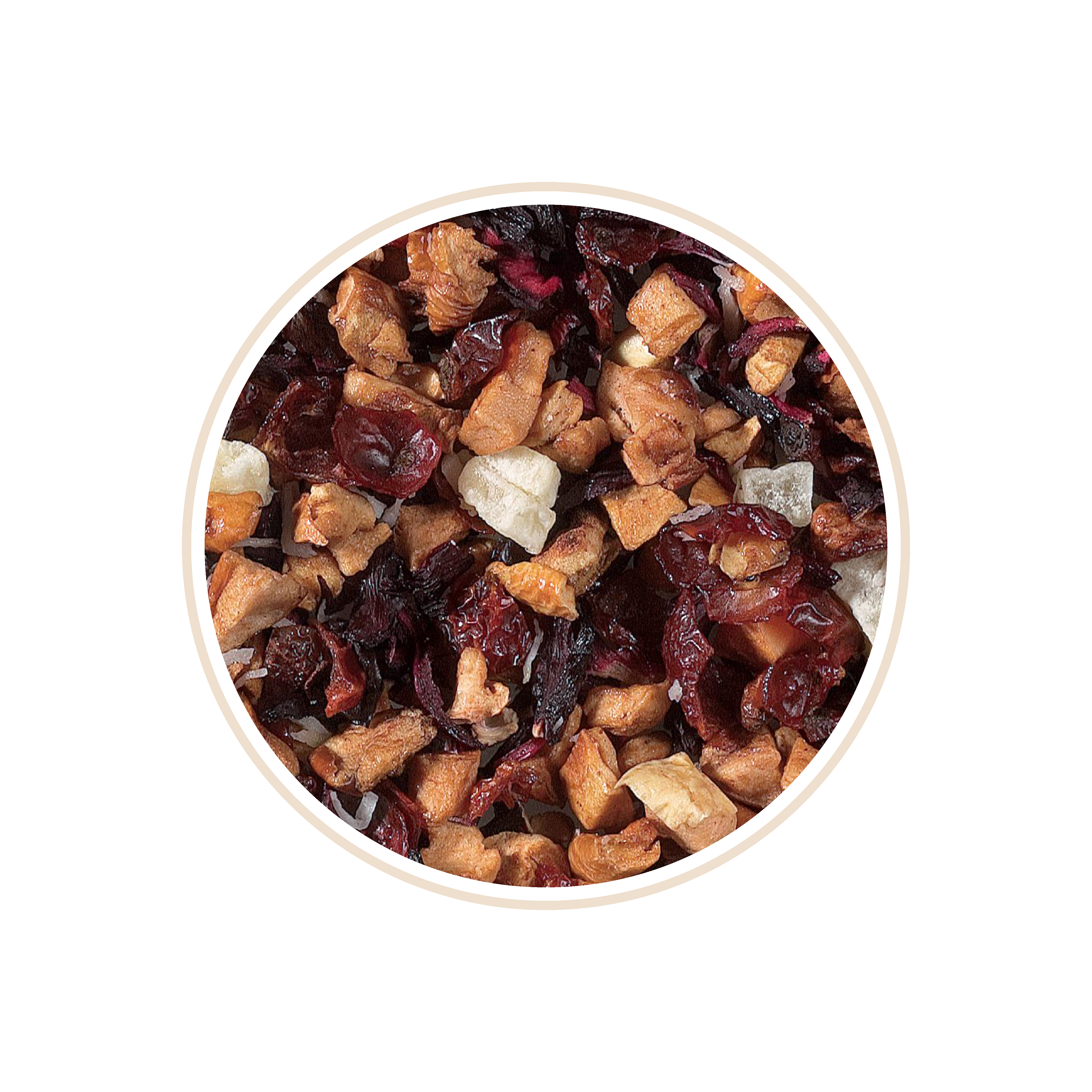 Dried fruit and herb tea blend with apple and red pieces.