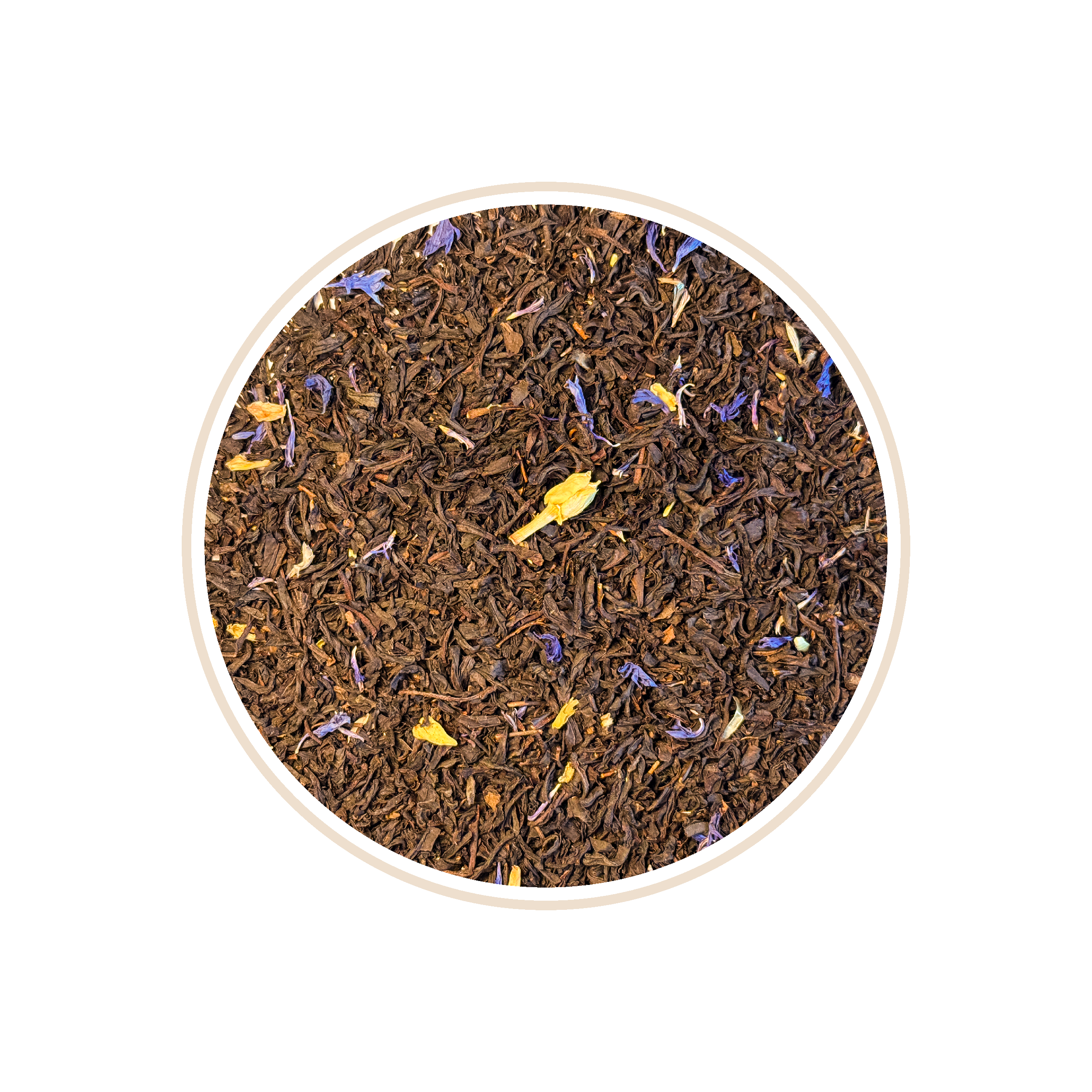 Dark tea leaves with blue and yellow petals in a circular frame.