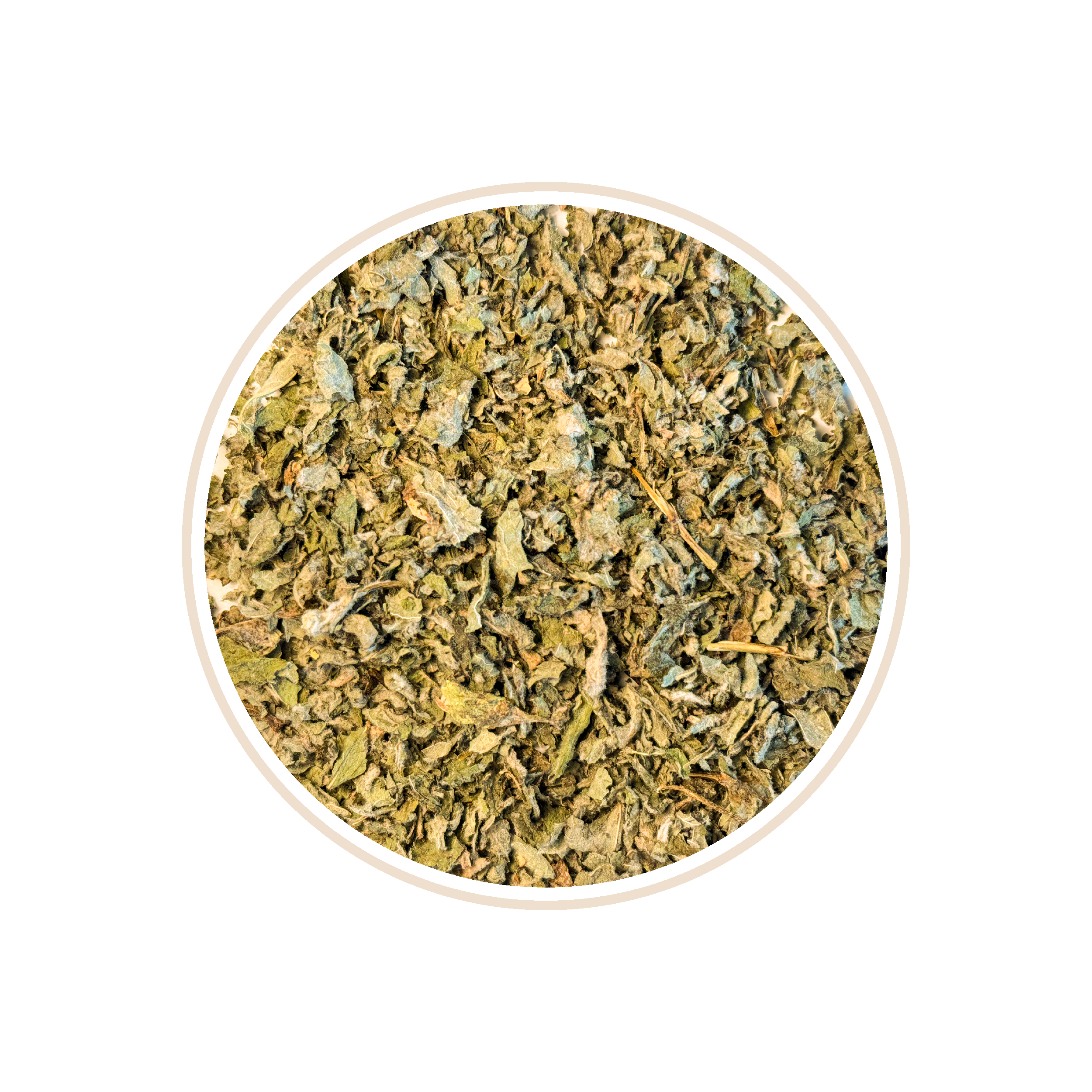 Herbal blend with green leaves and small yellow flecks in a circular frame.