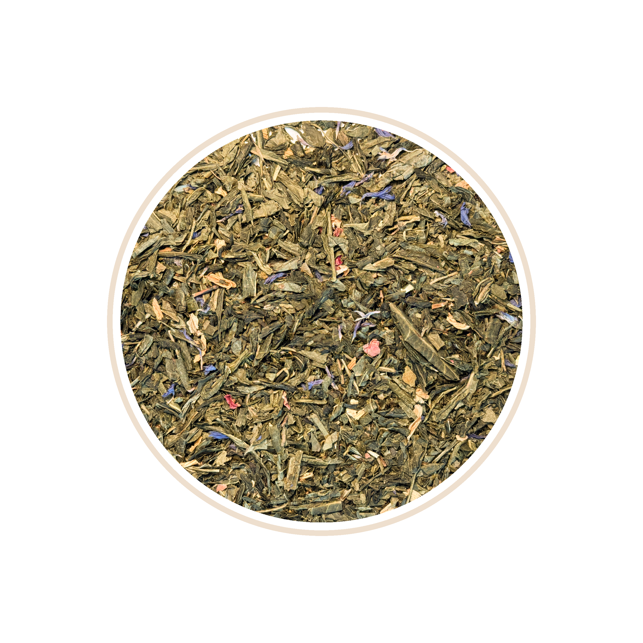 Green tea leaves with small purple and pink flecks in a circular frame.