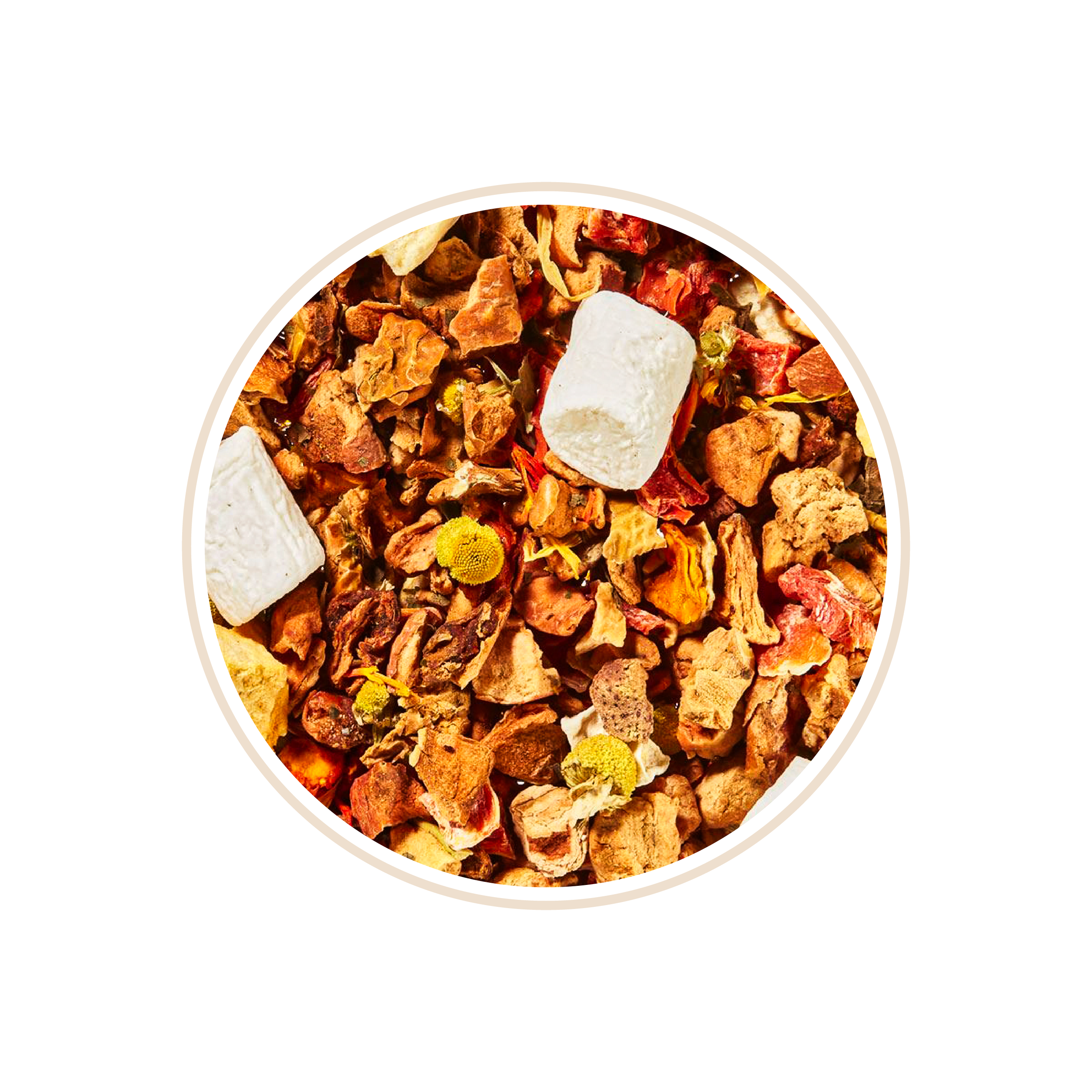 Herbal tea mix with marshmallows and dried apples, light brown.