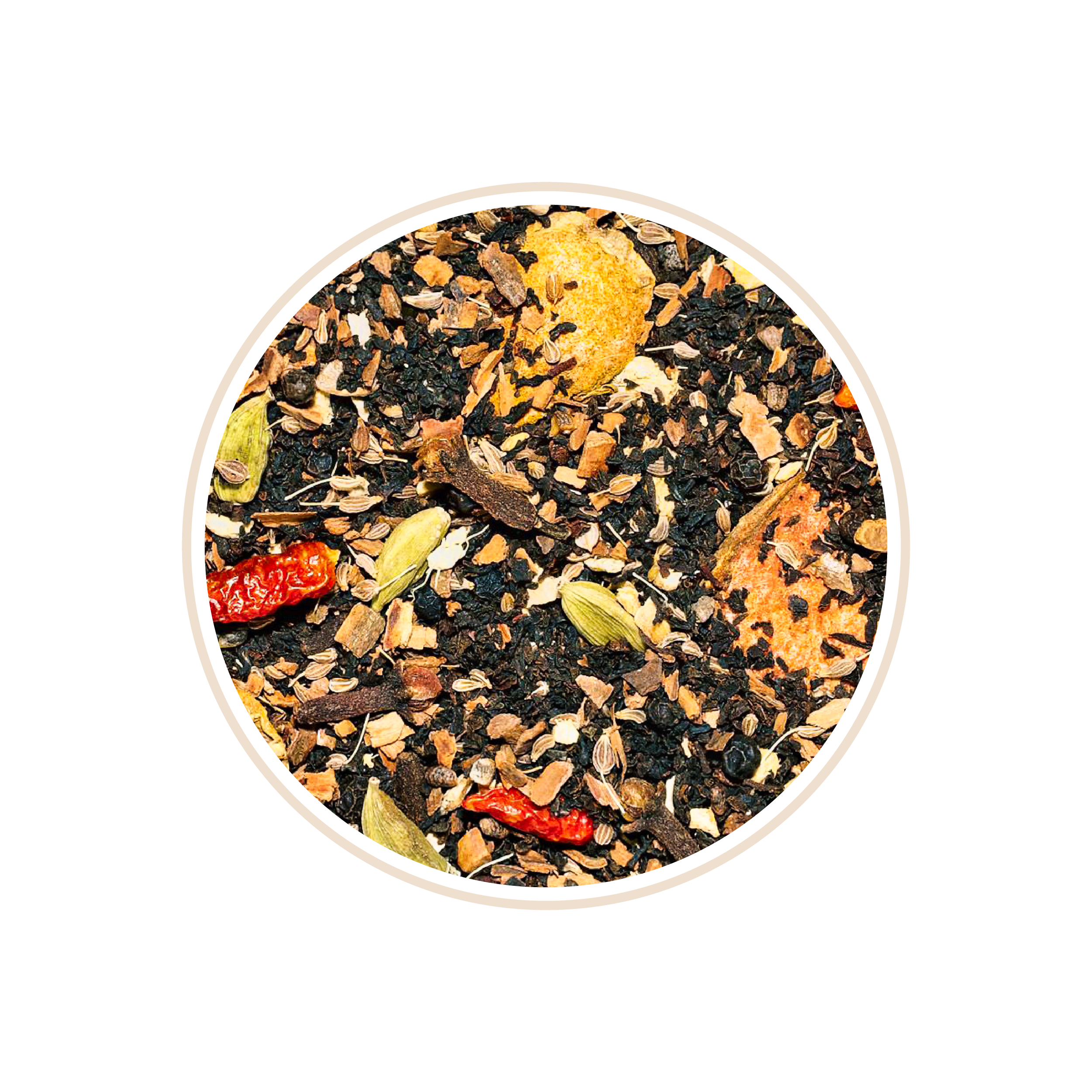 Spiced blend with cardamom pods, dried orange pieces, and chili peppers.