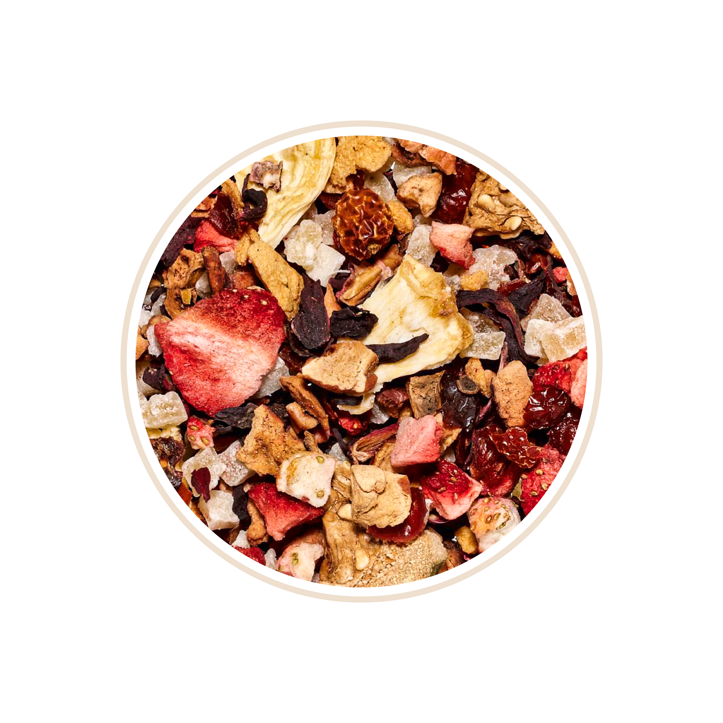 Assorted dried fruits and chocolate chunks in a circle.