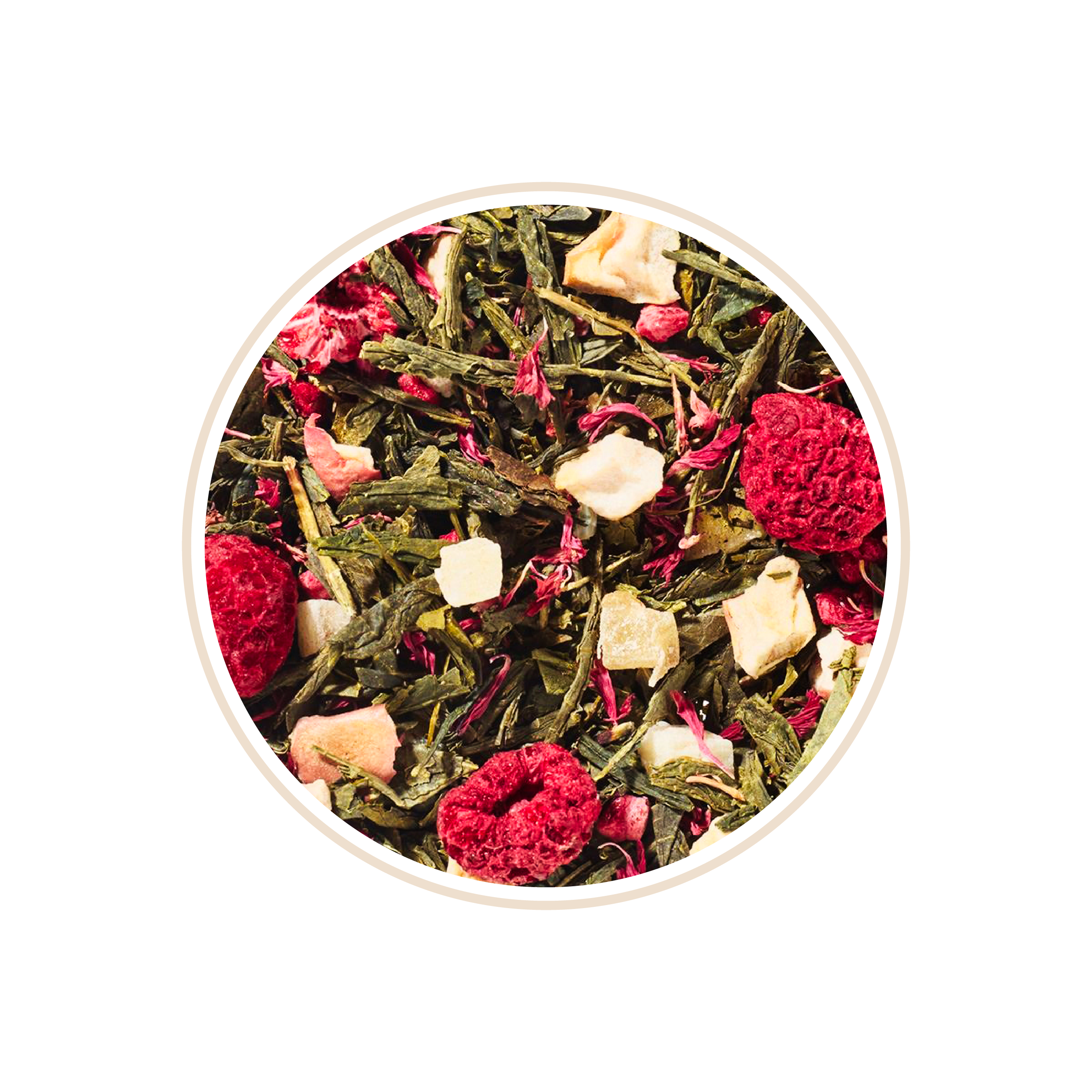 Green tea leaves with raspberry and white chunks in a bowl.
