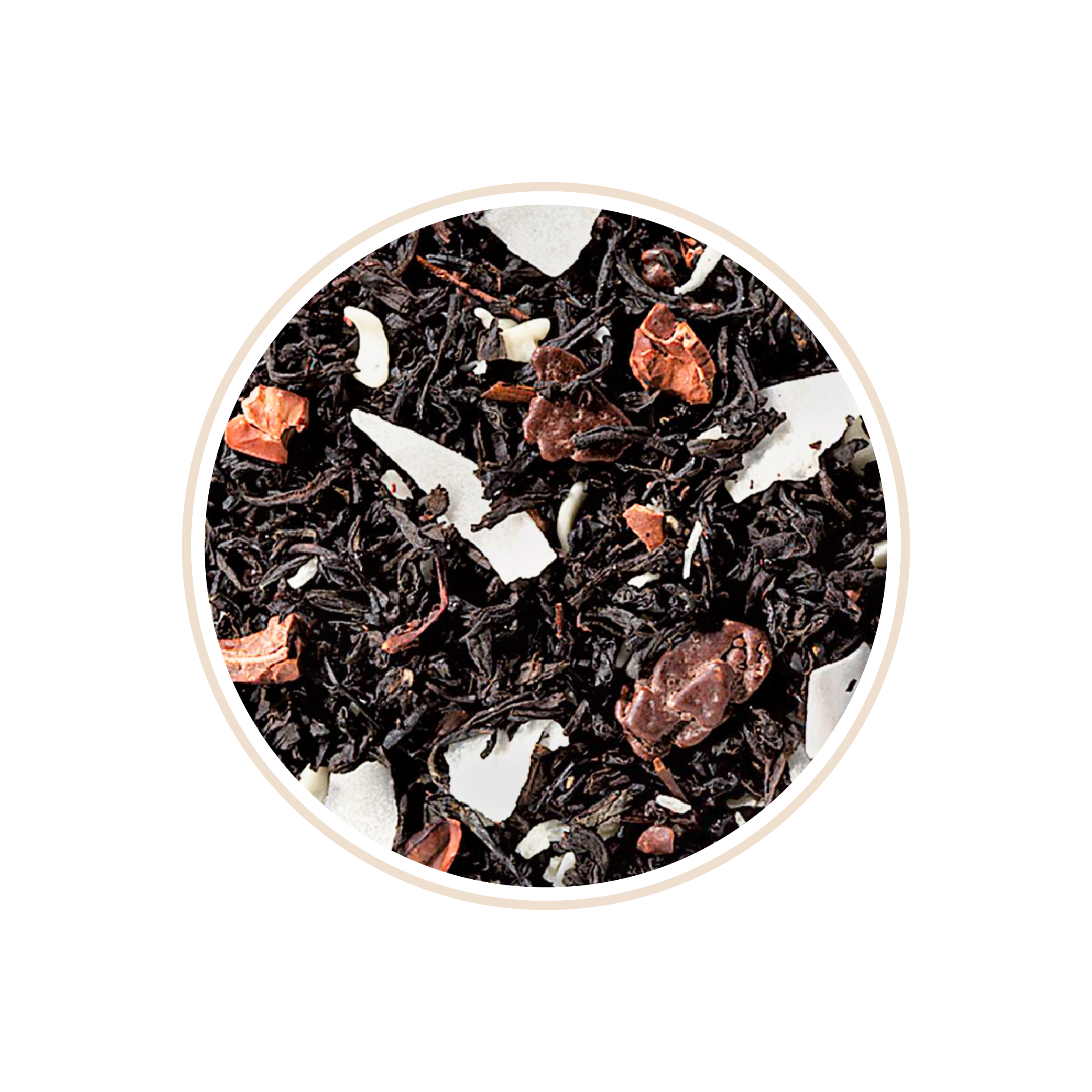Black tea mixed with coconut flakes and cacao nibs.