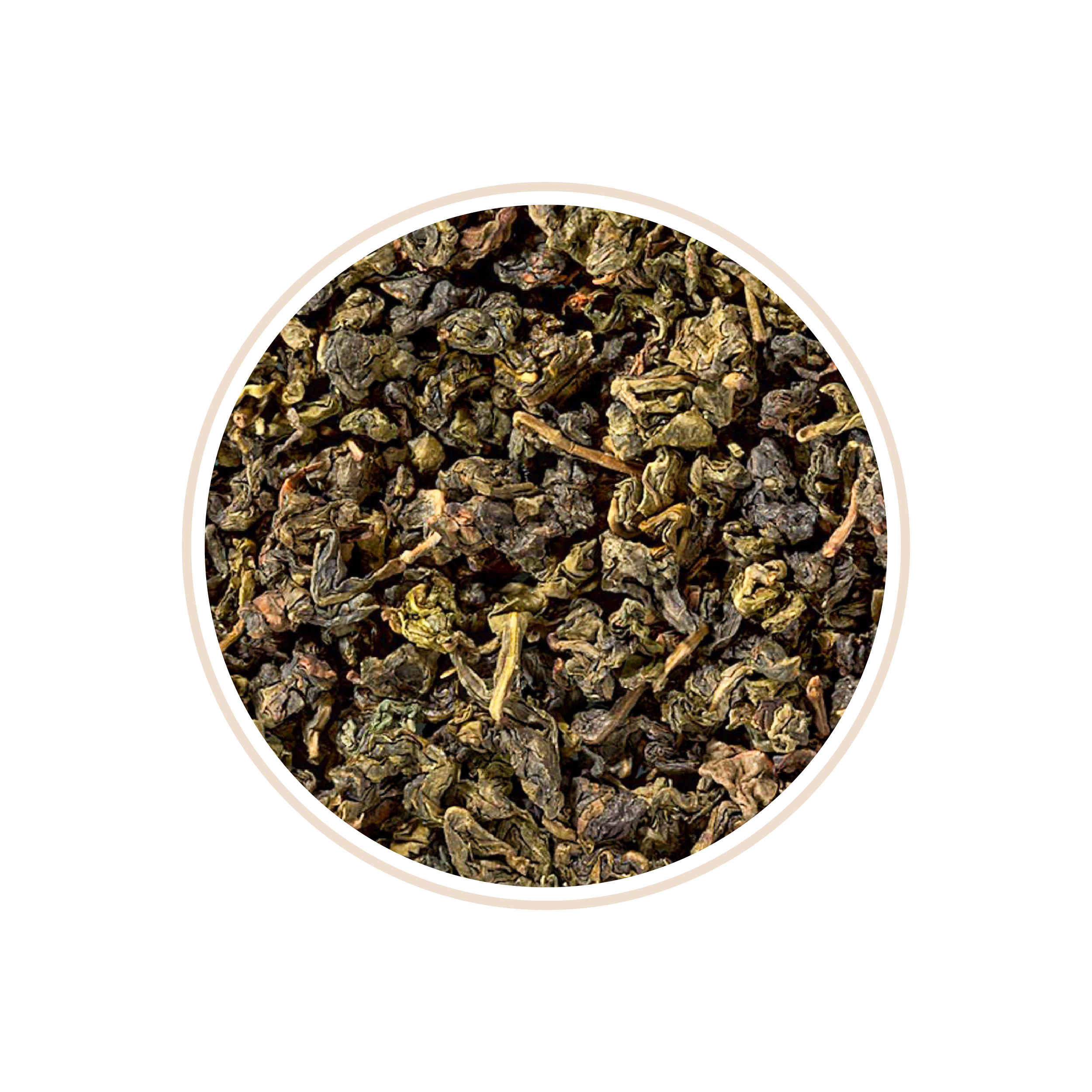 Rolled oolong tea leaves in shades of dark green and brown.