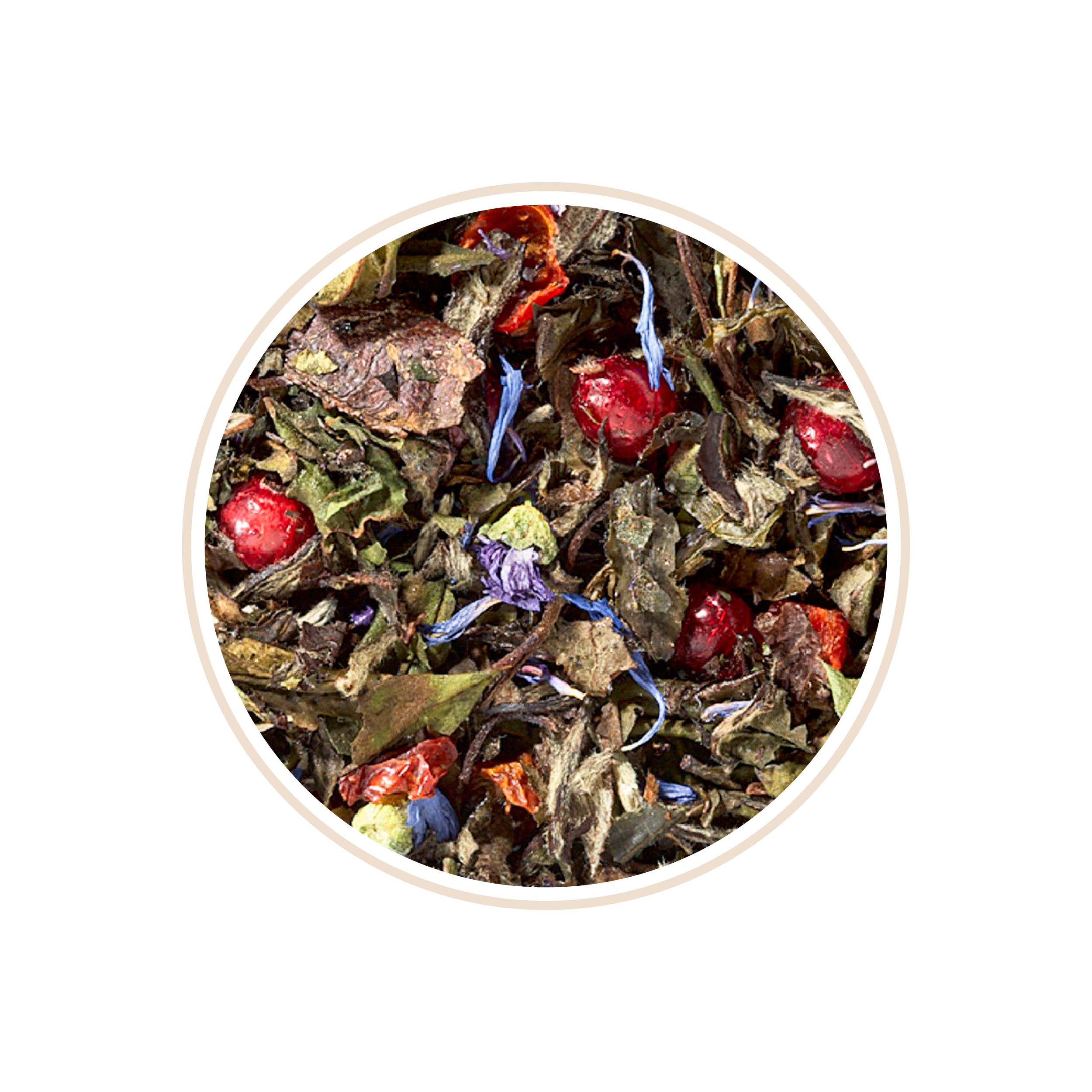 Fruit and herb blend with red berries and purple petals.
