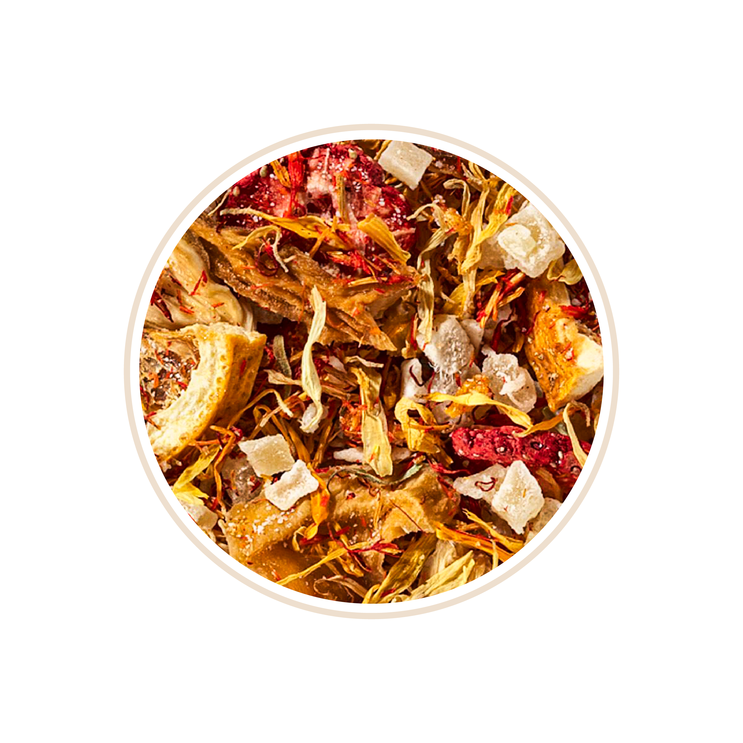 Mixed dried fruits with red berries and light orange peel bits.