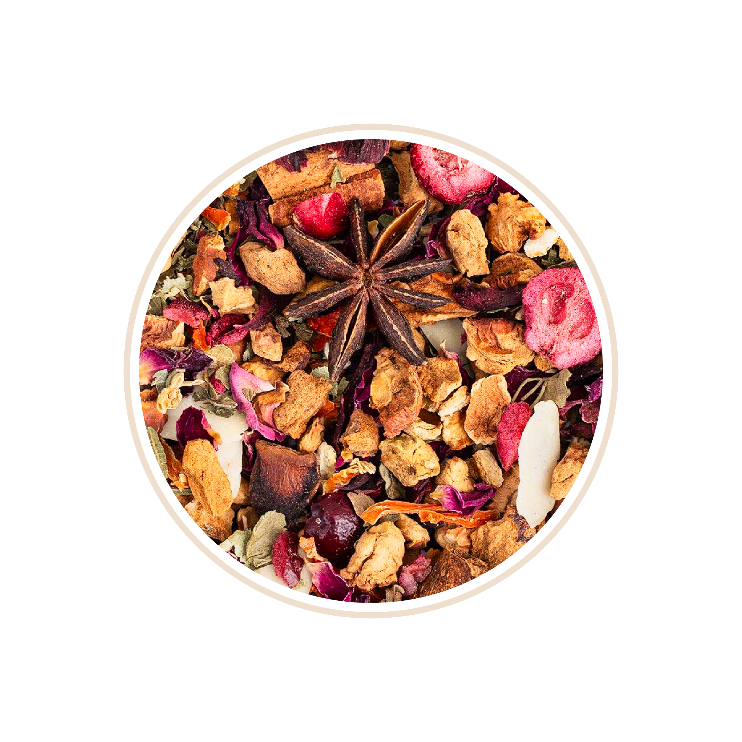 Fruit and spice tea blend with star anise, apple pieces, and flower petals.
