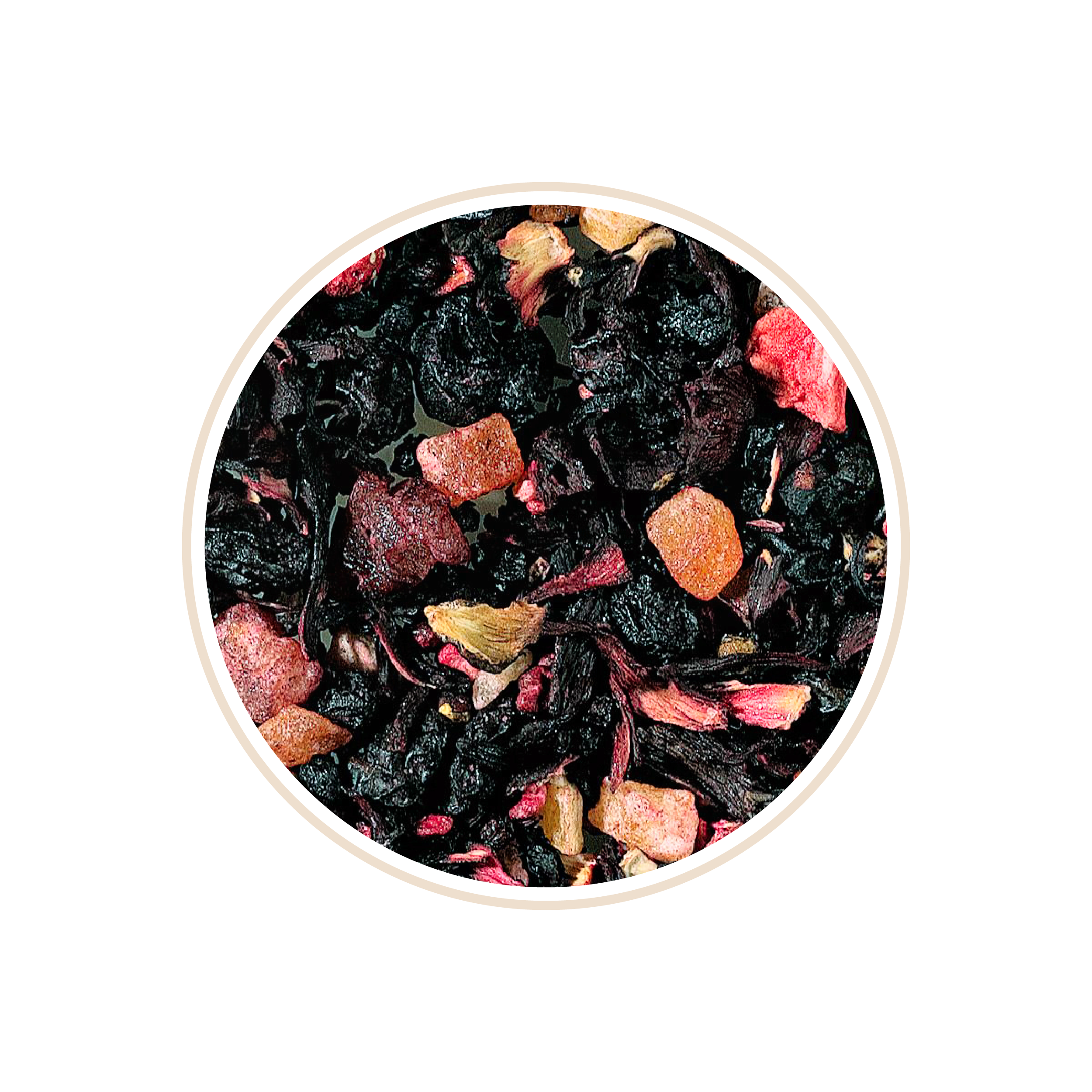 Dark tea leaves with red and peach-colored fruit pieces.