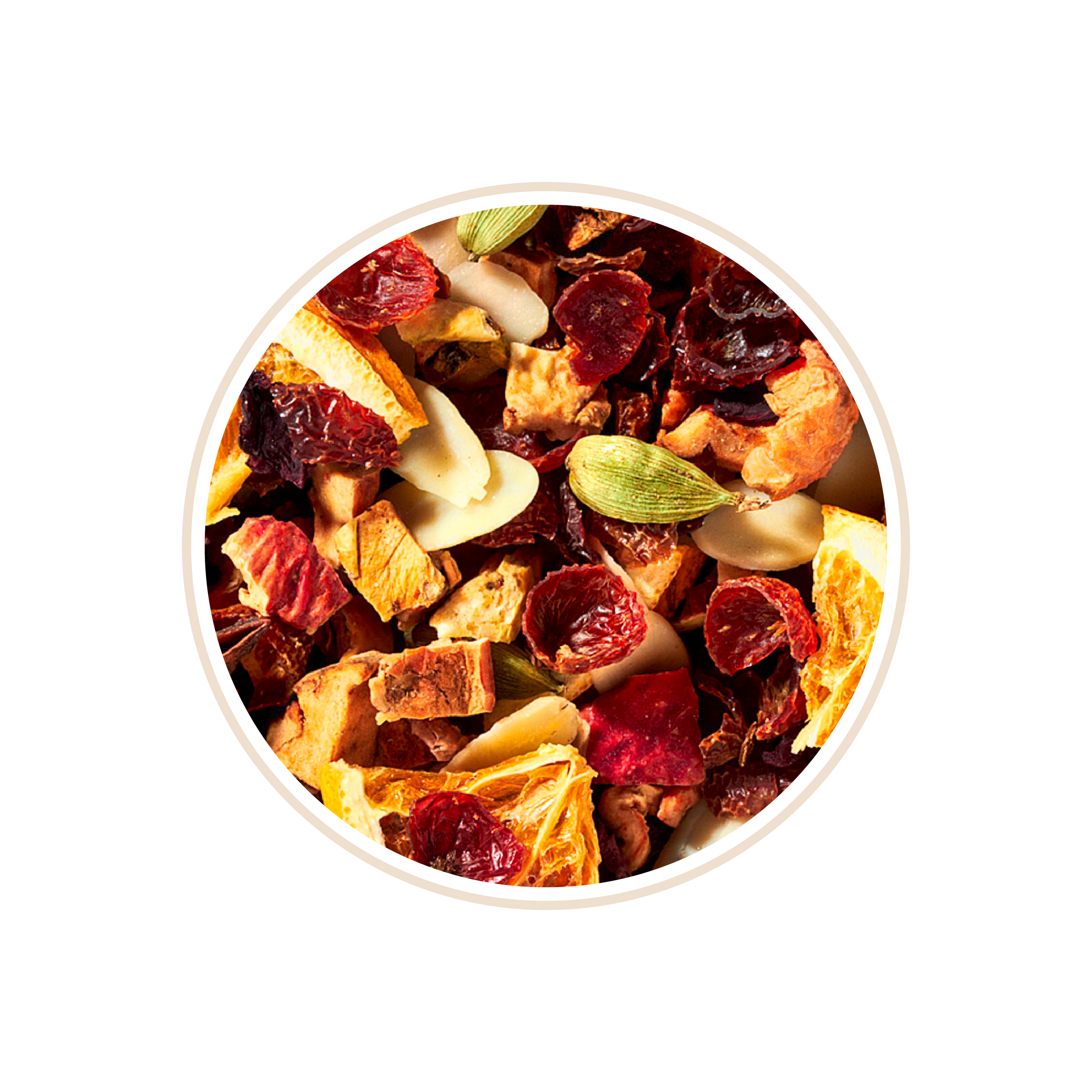 Mix of dried fruit and nuts with cardamom in a circle.