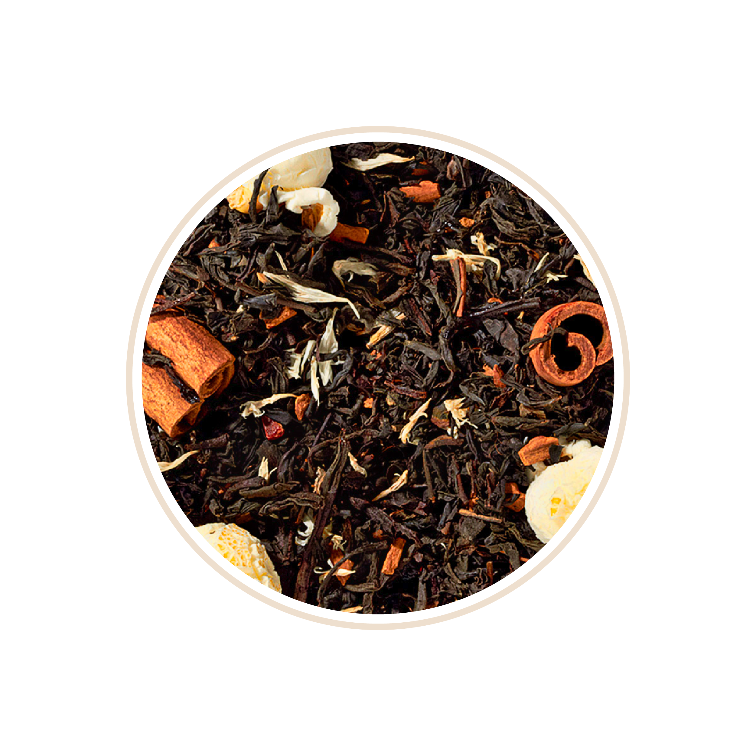 Loose spiced tea with cinnamon sticks and small white flowers.