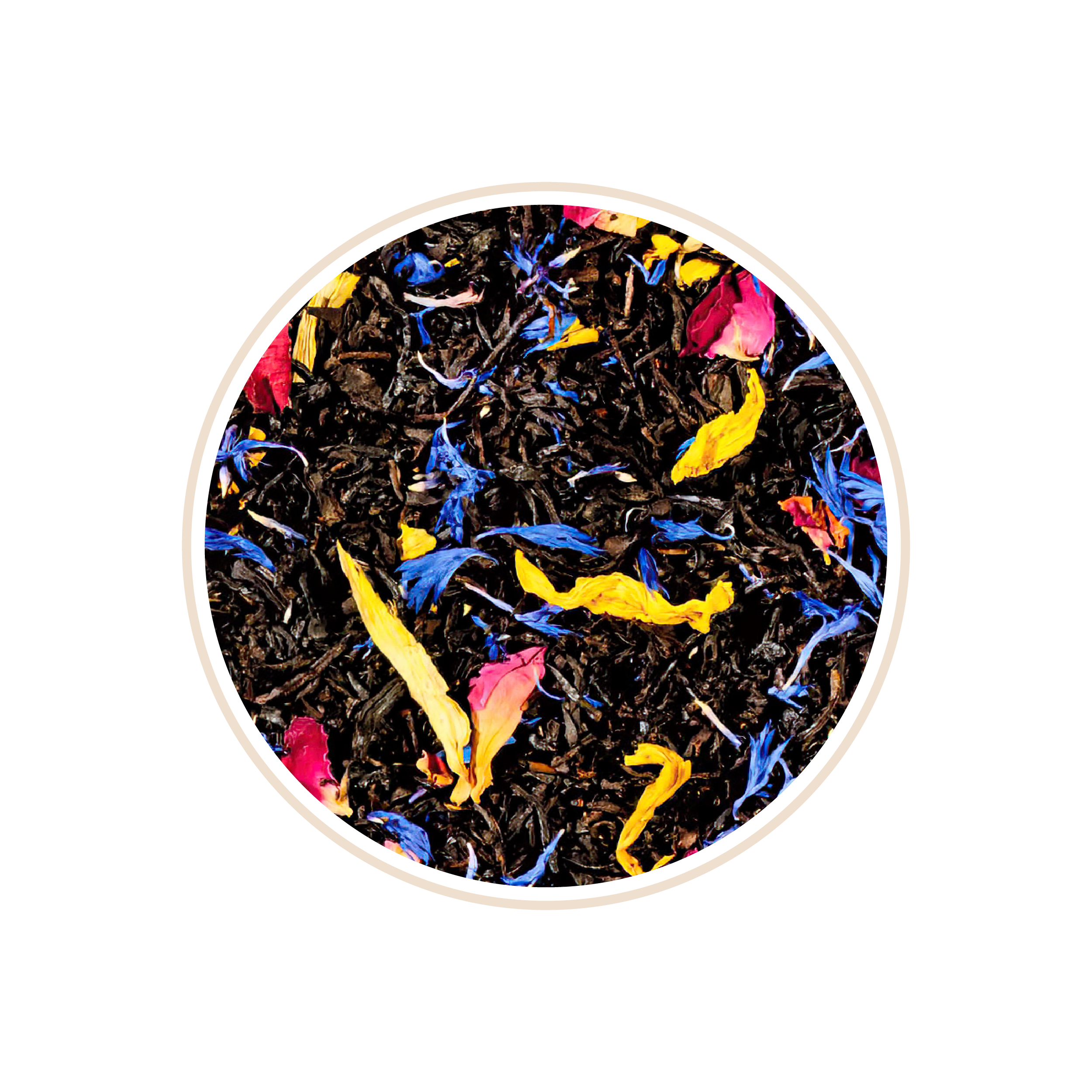 Floral black tea blend with yellow and pink petals.