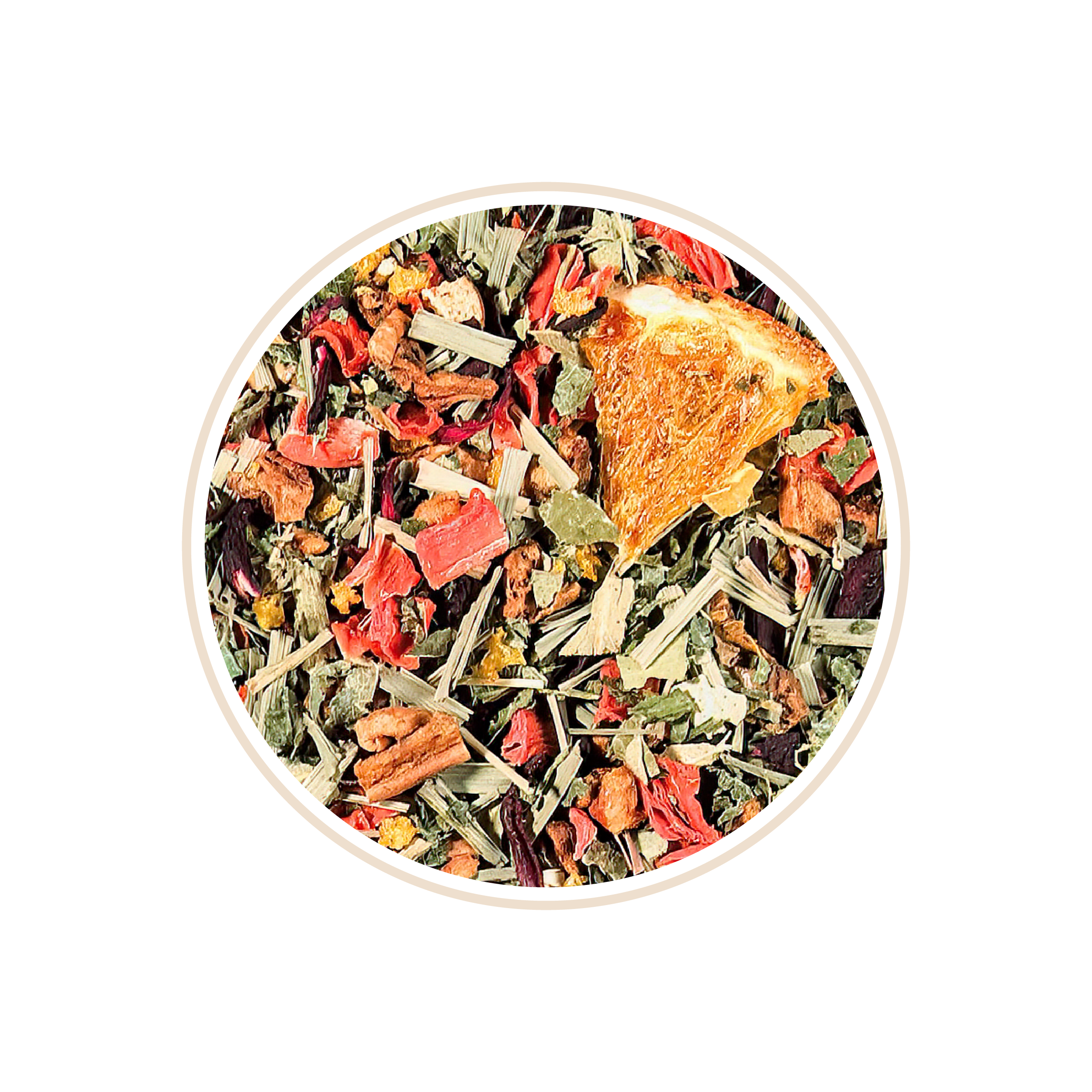 Dried fruit and herb blend with orange slice, red and green leaves.