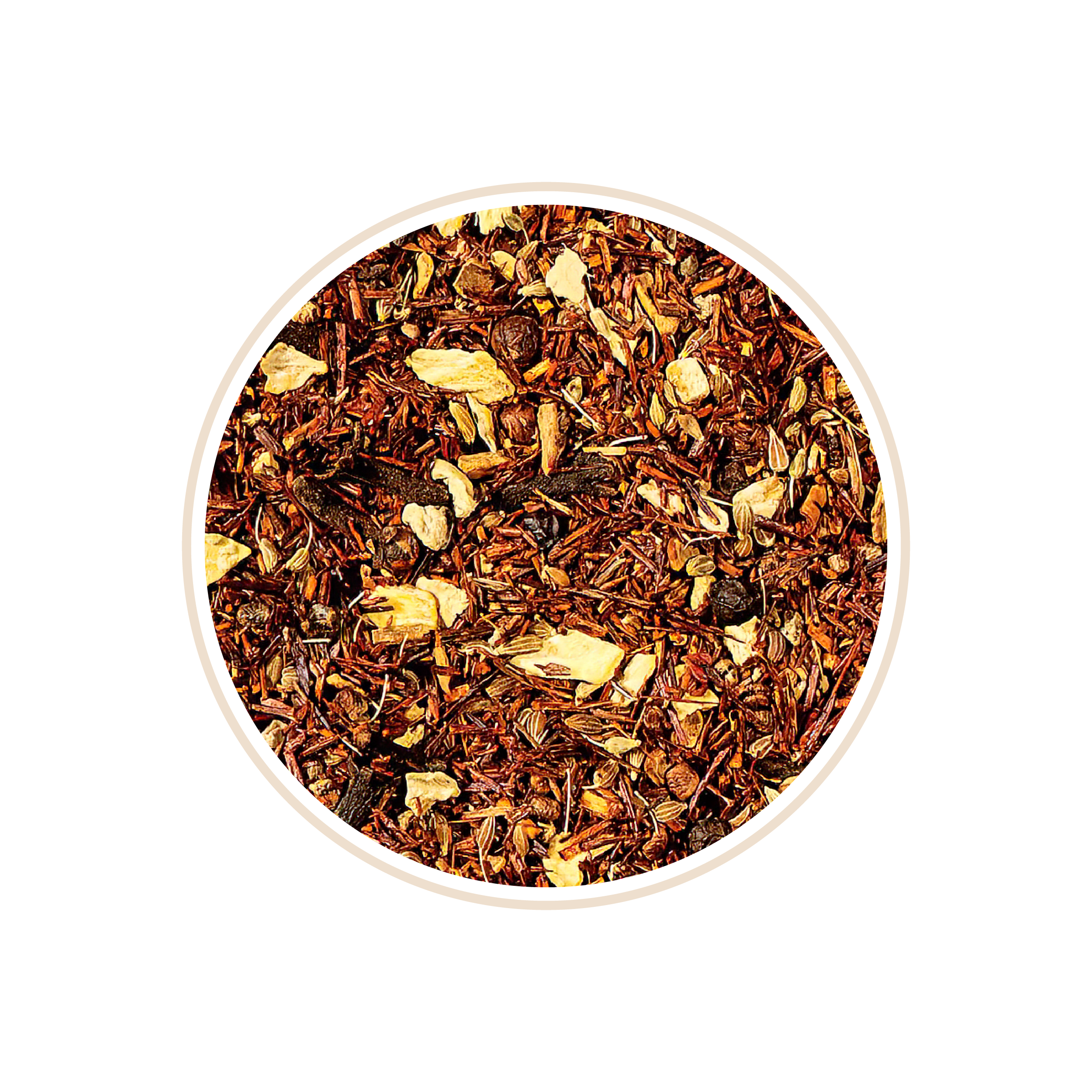 Rooibos leaves with vanilla and almond pieces in a bowl.