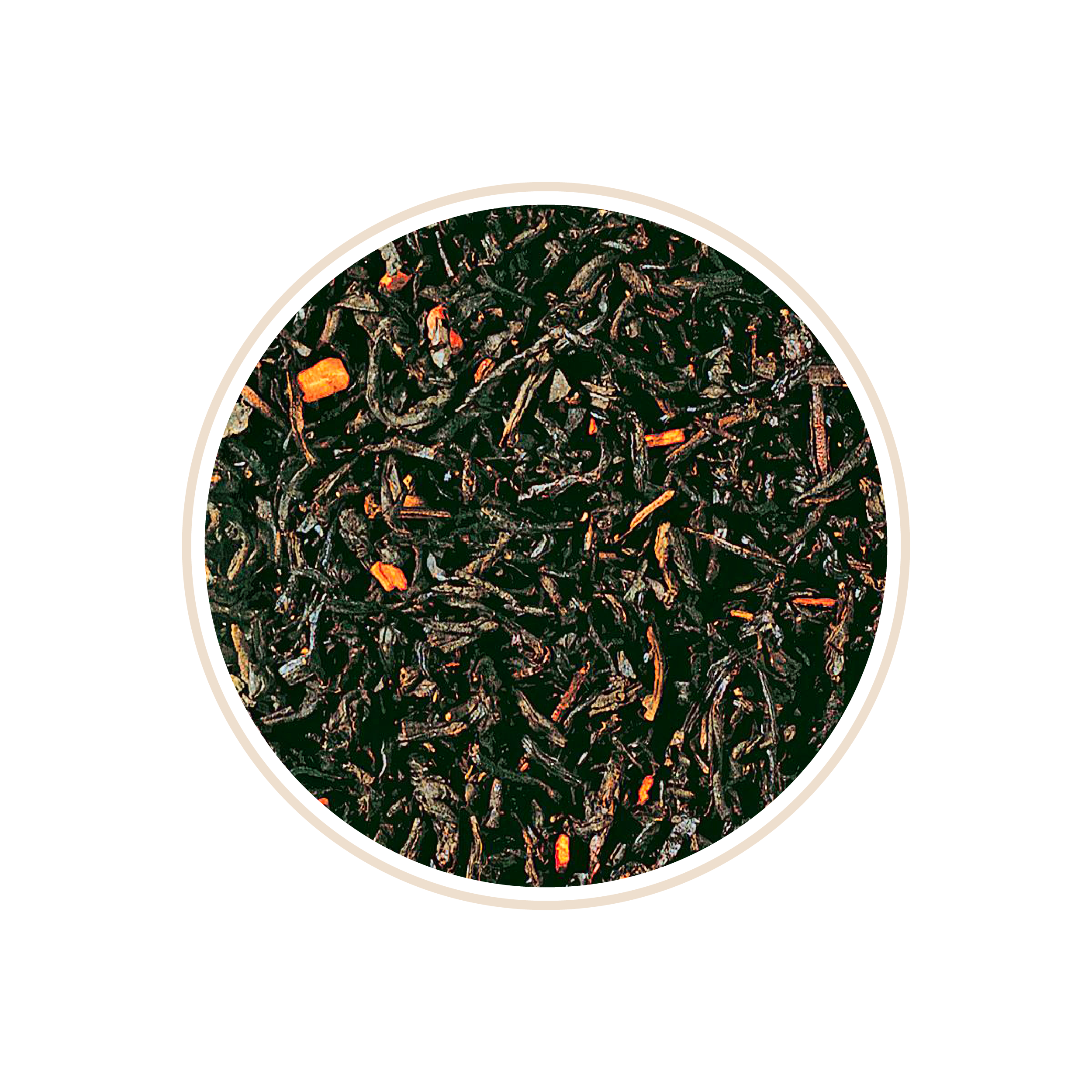 Loose black tea leaves with orange peel pieces.