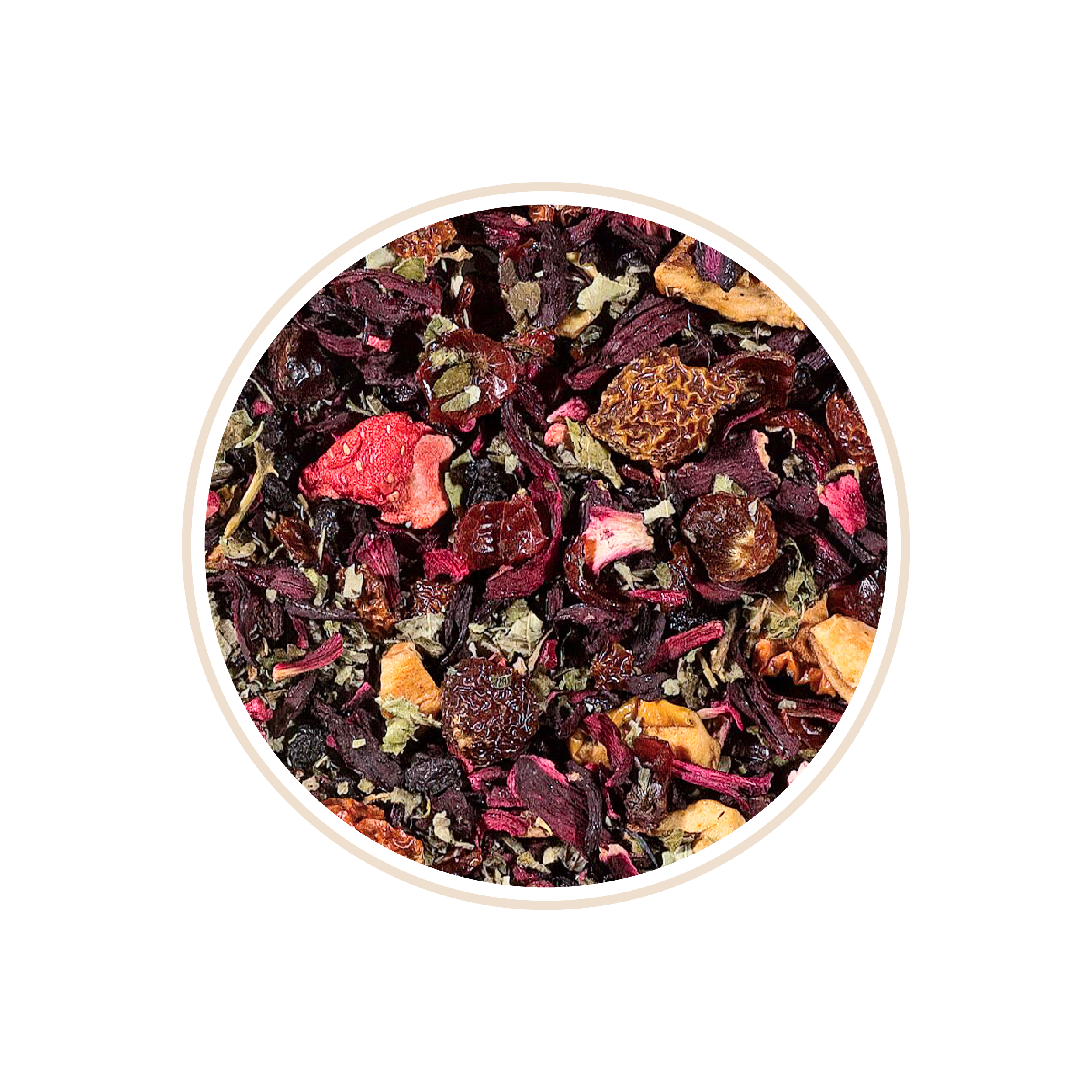 Mixed dried fruits, leaves, and flower petals in a round bowl.