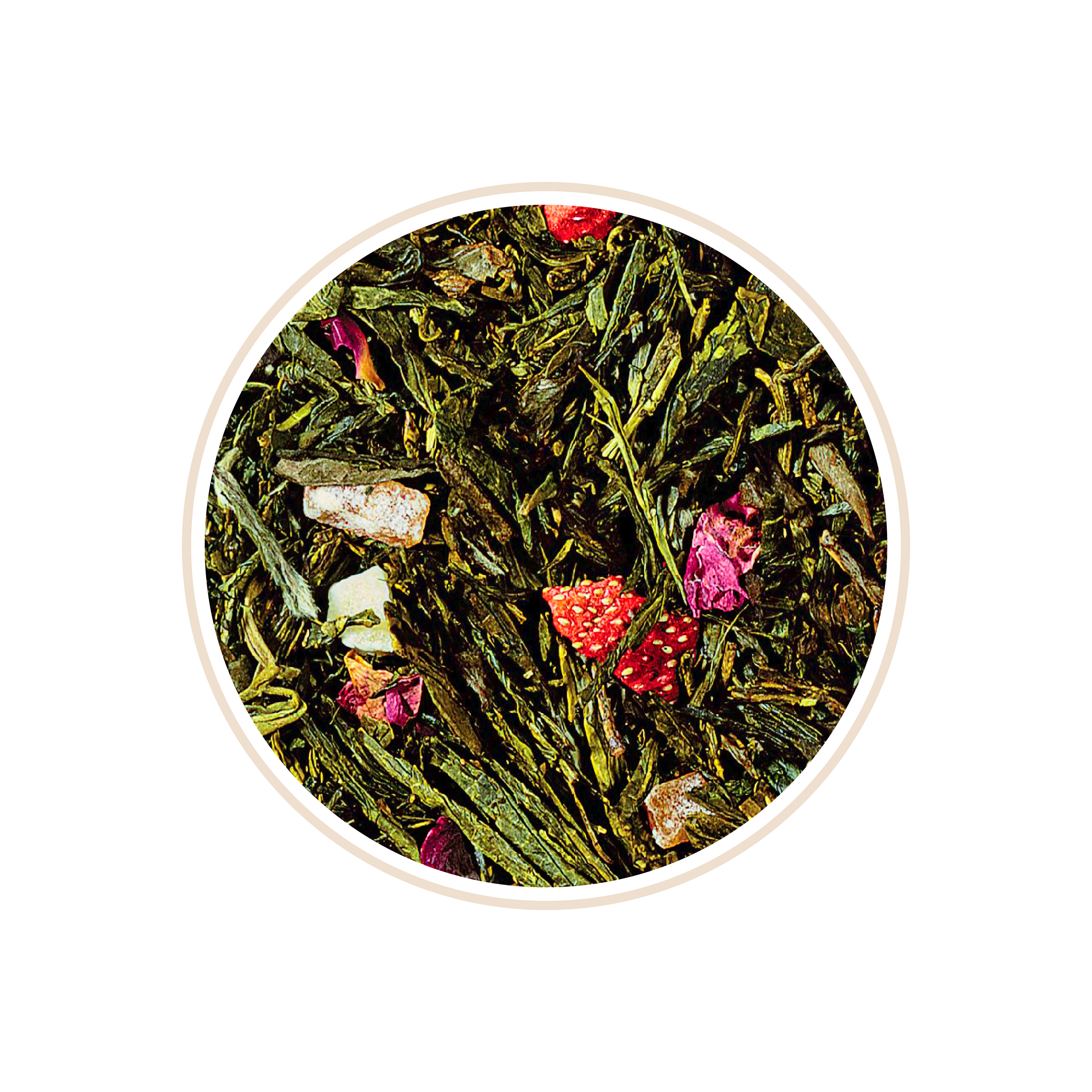 Green tea leaves with red fruit pieces and white bits.
