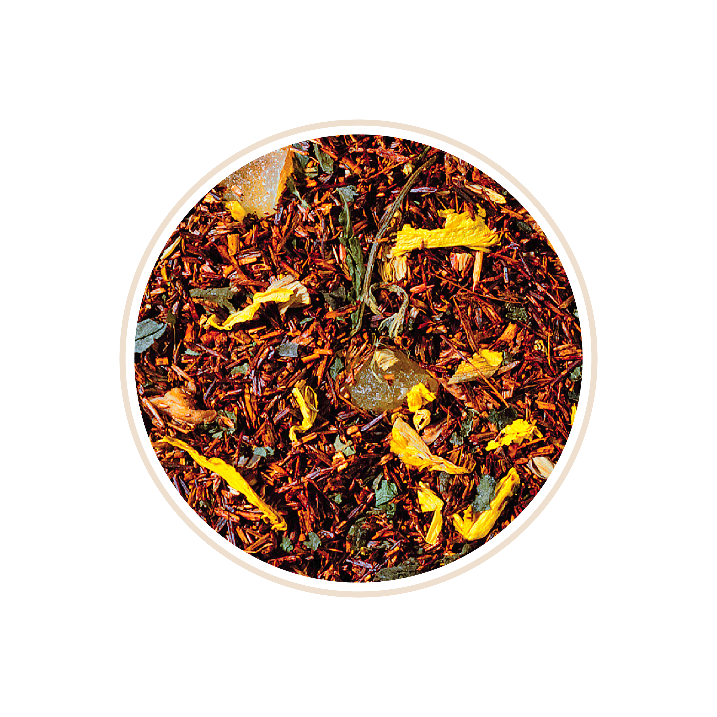 Reddish-brown tea leaves with yellow petals and green herbs.