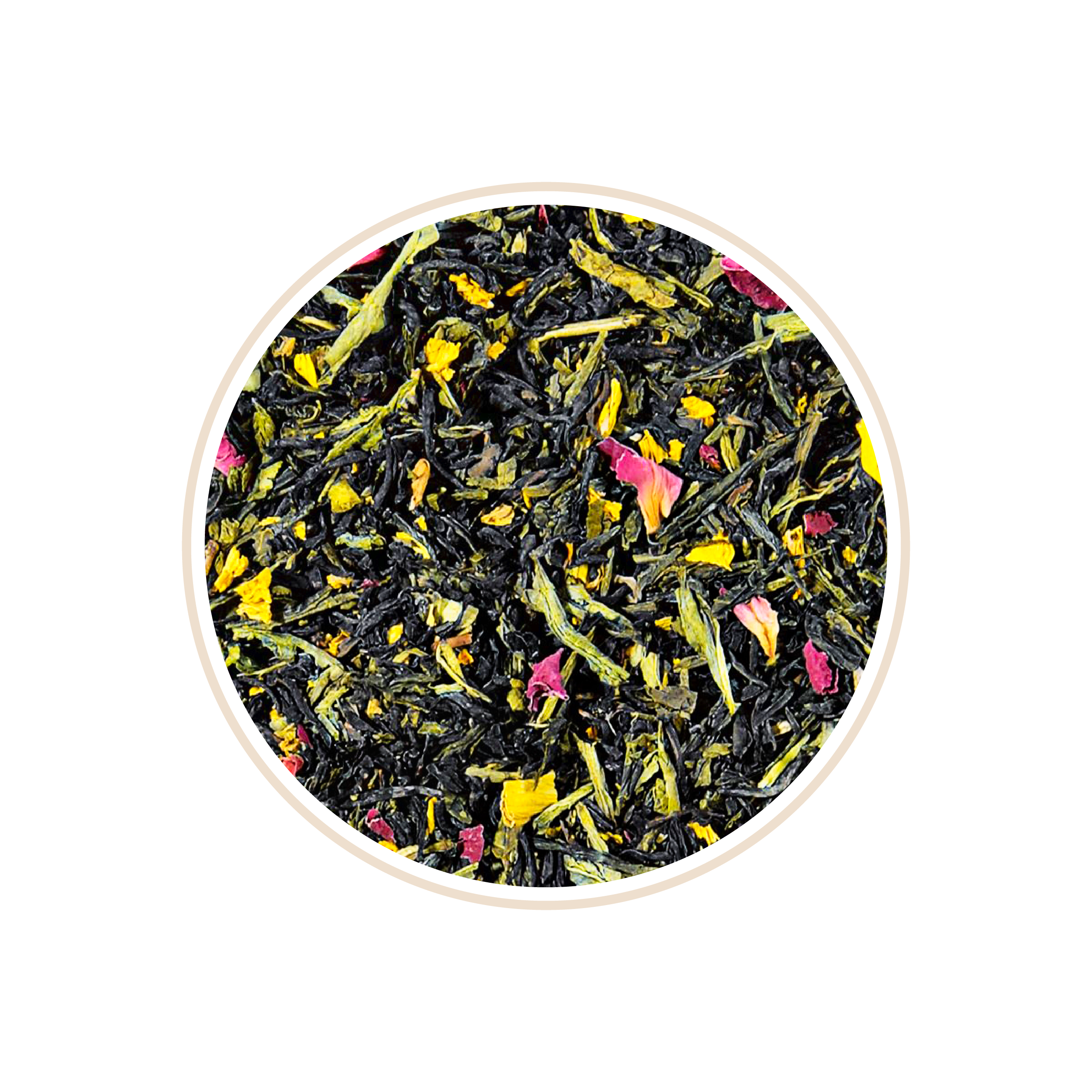 Green tea leaves mixed with yellow and pink flower petals in a round container.
