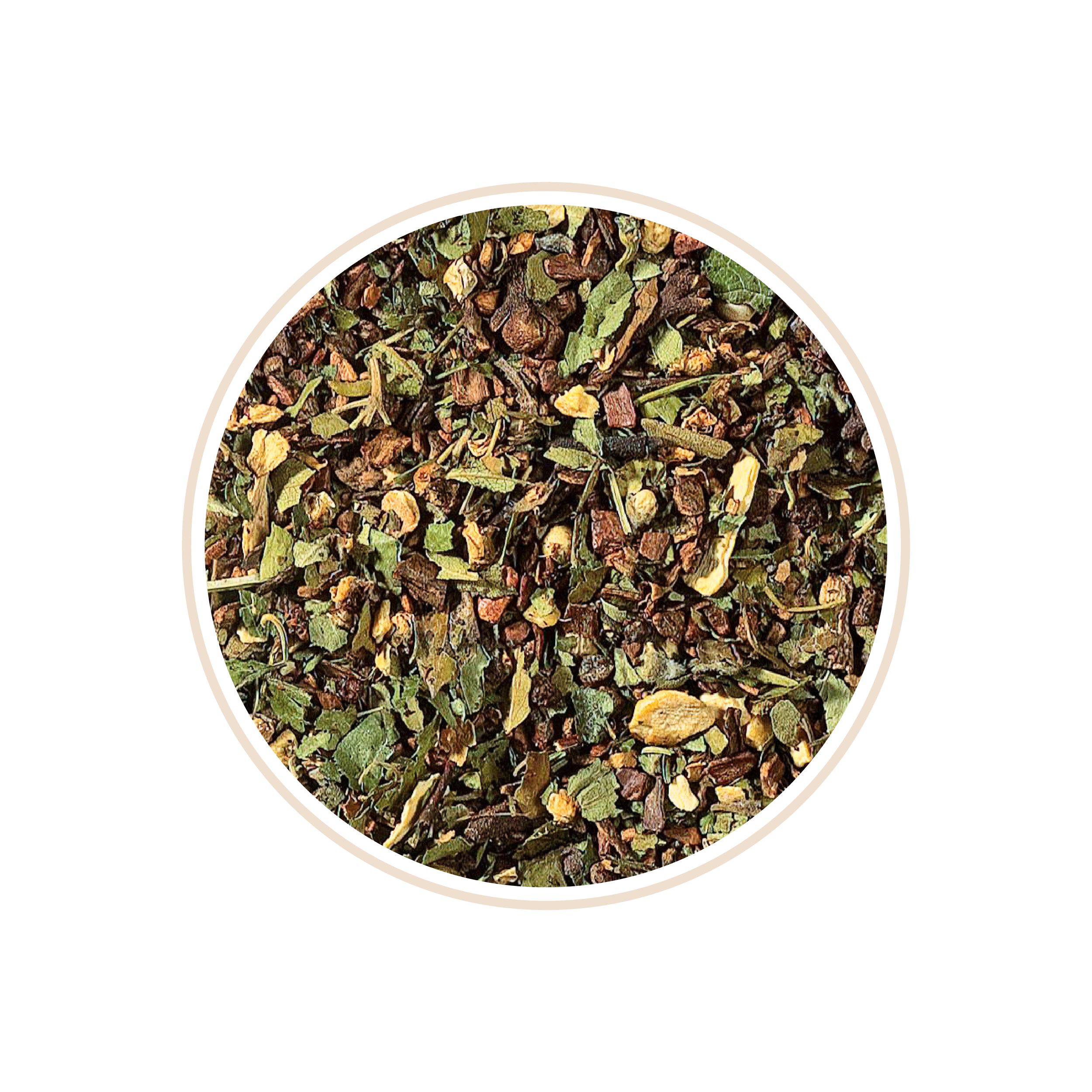 Dry herbal tea mix with green leaves and spices.