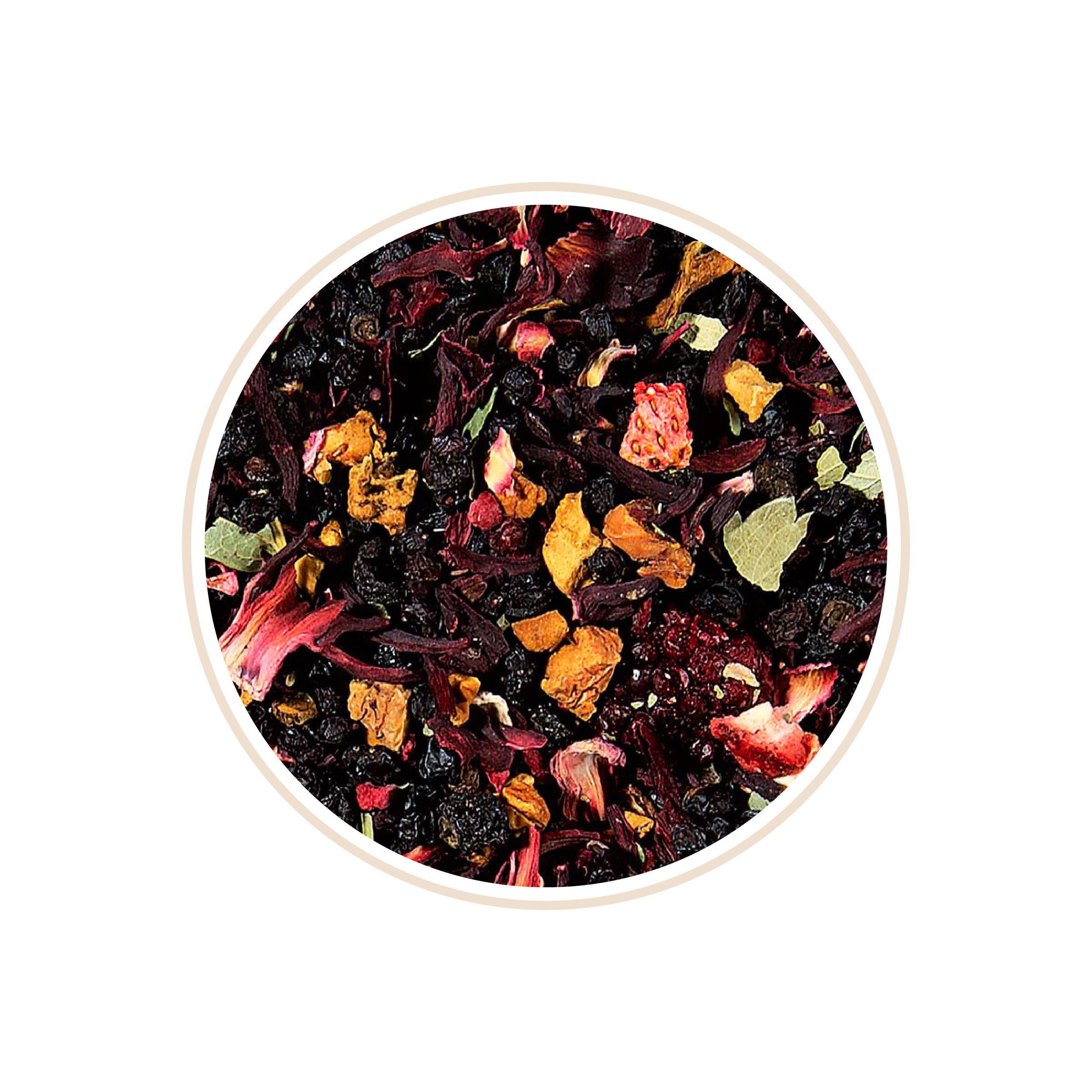 Dried fruit tea blend with red petals and assorted chunks.