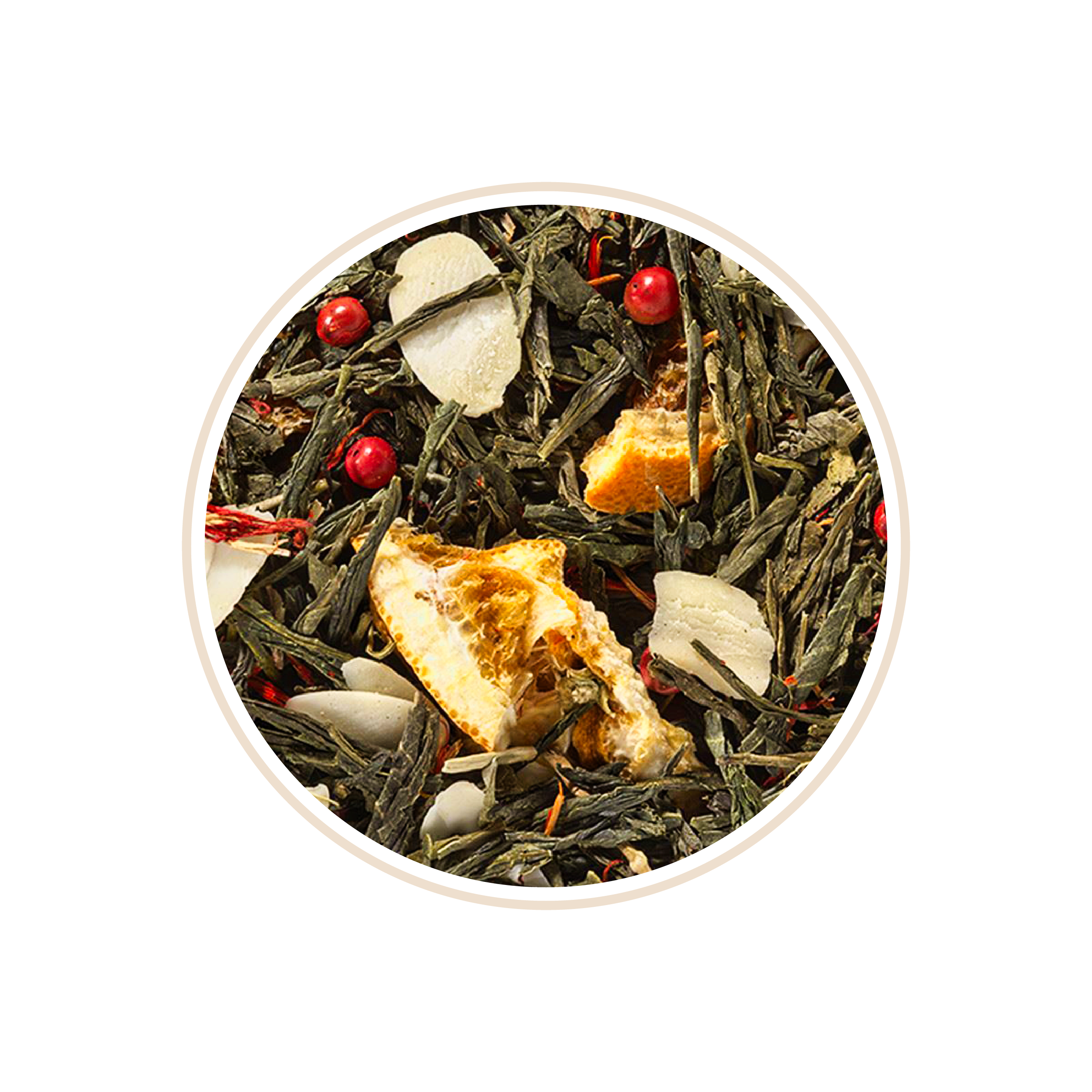 Green tea leaves with orange peel slices and small red berries.