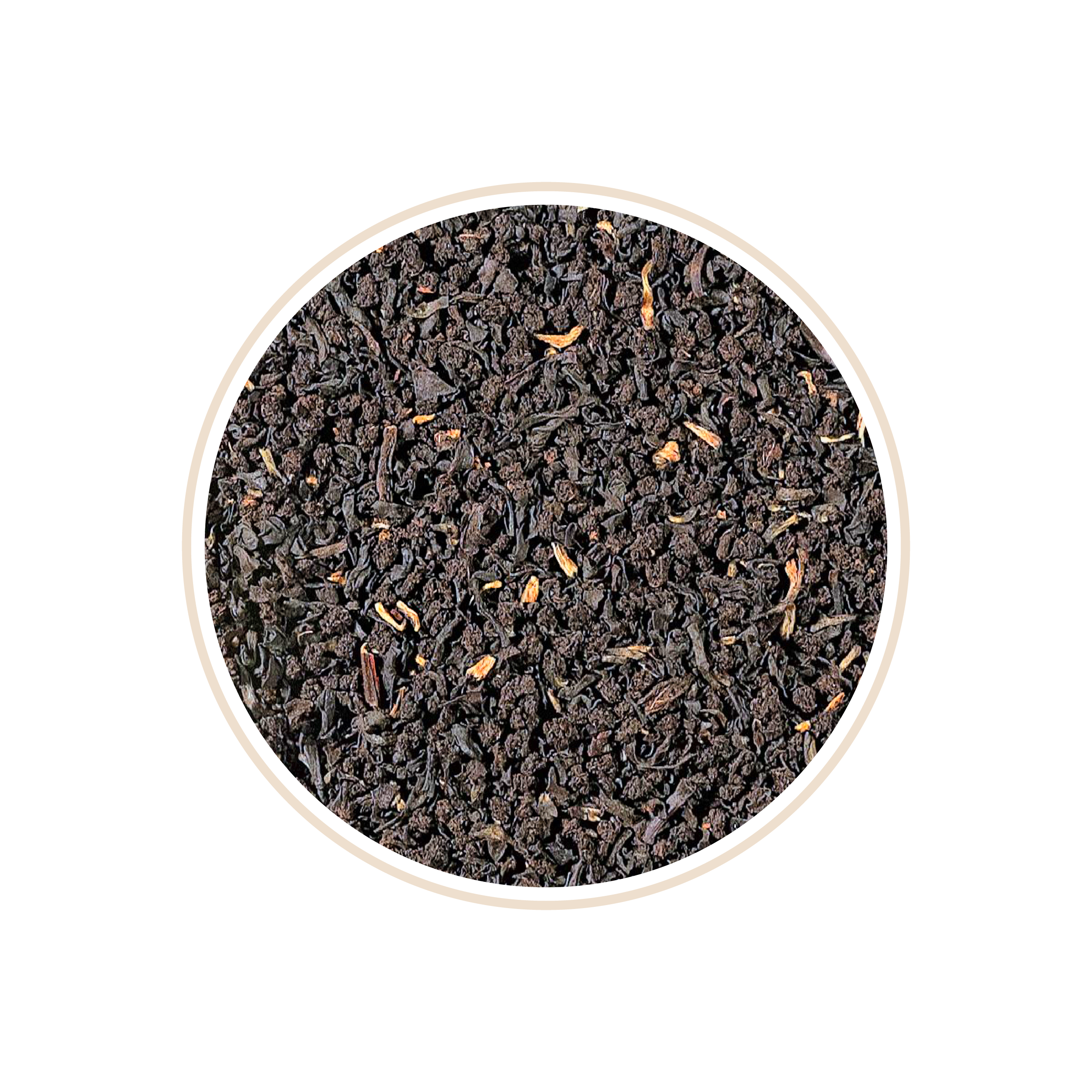 Crushed black tea leaves densely packed in a round frame.