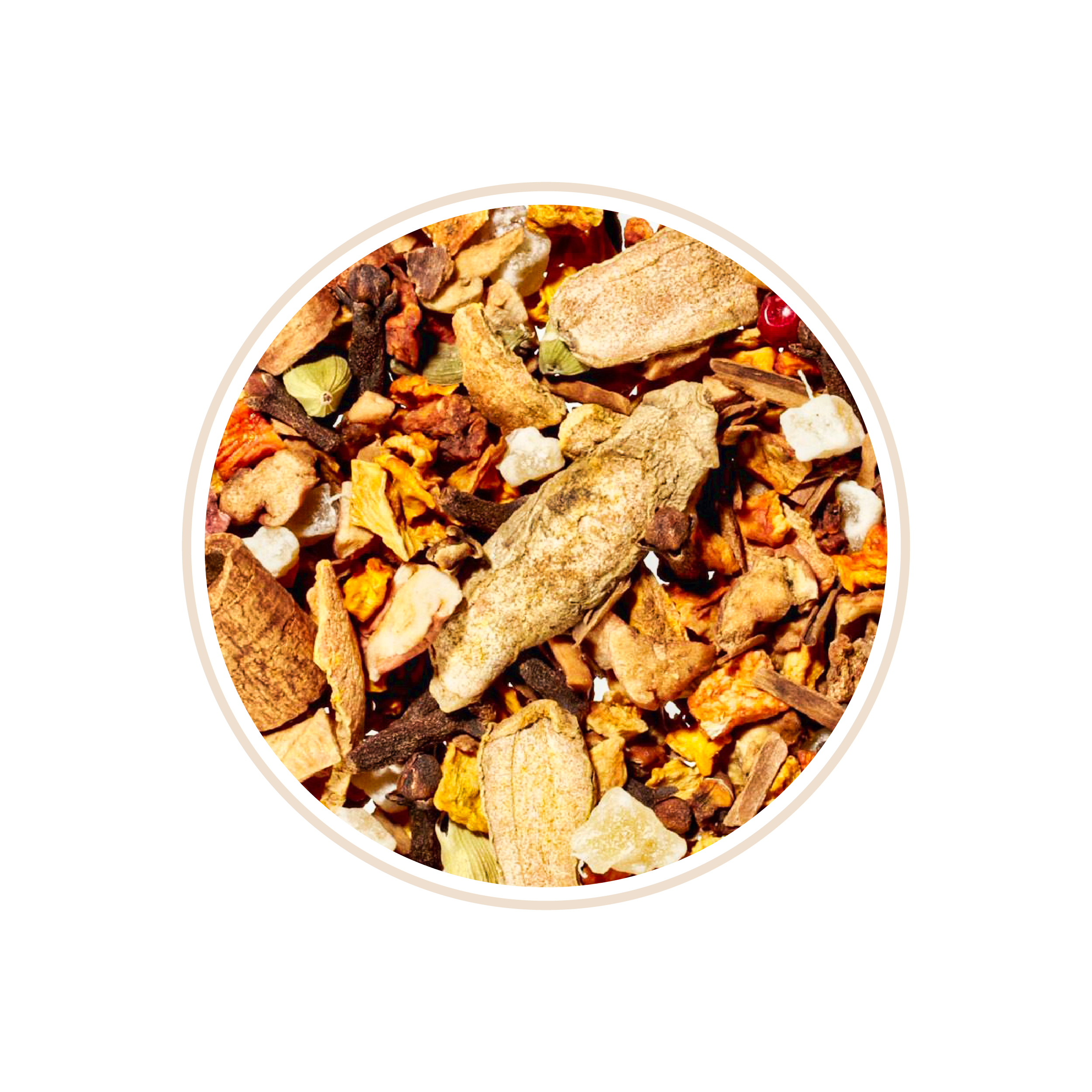 Mixed dried fruits and spices in a circular arrangement.