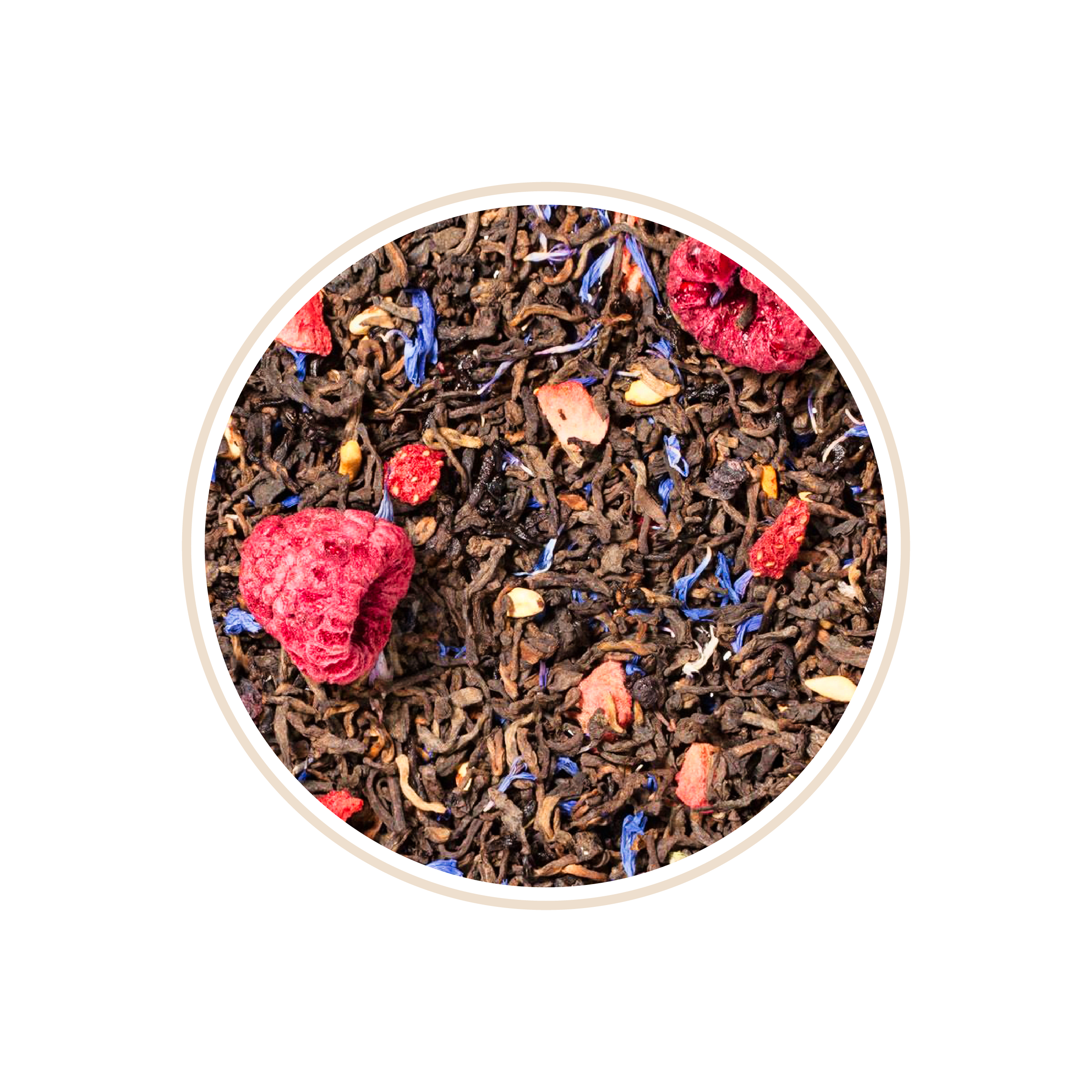 Tea mix with blue cornflower petals, dried raspberries, and dark leaves.